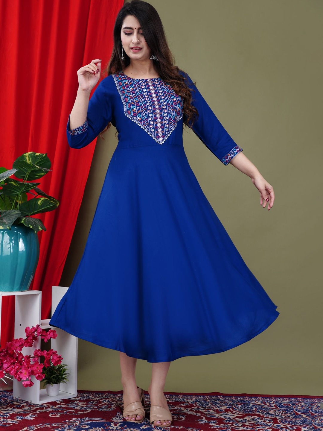 

FebQ Women Embroidered Round Neck Gown Midi Dress, Blue