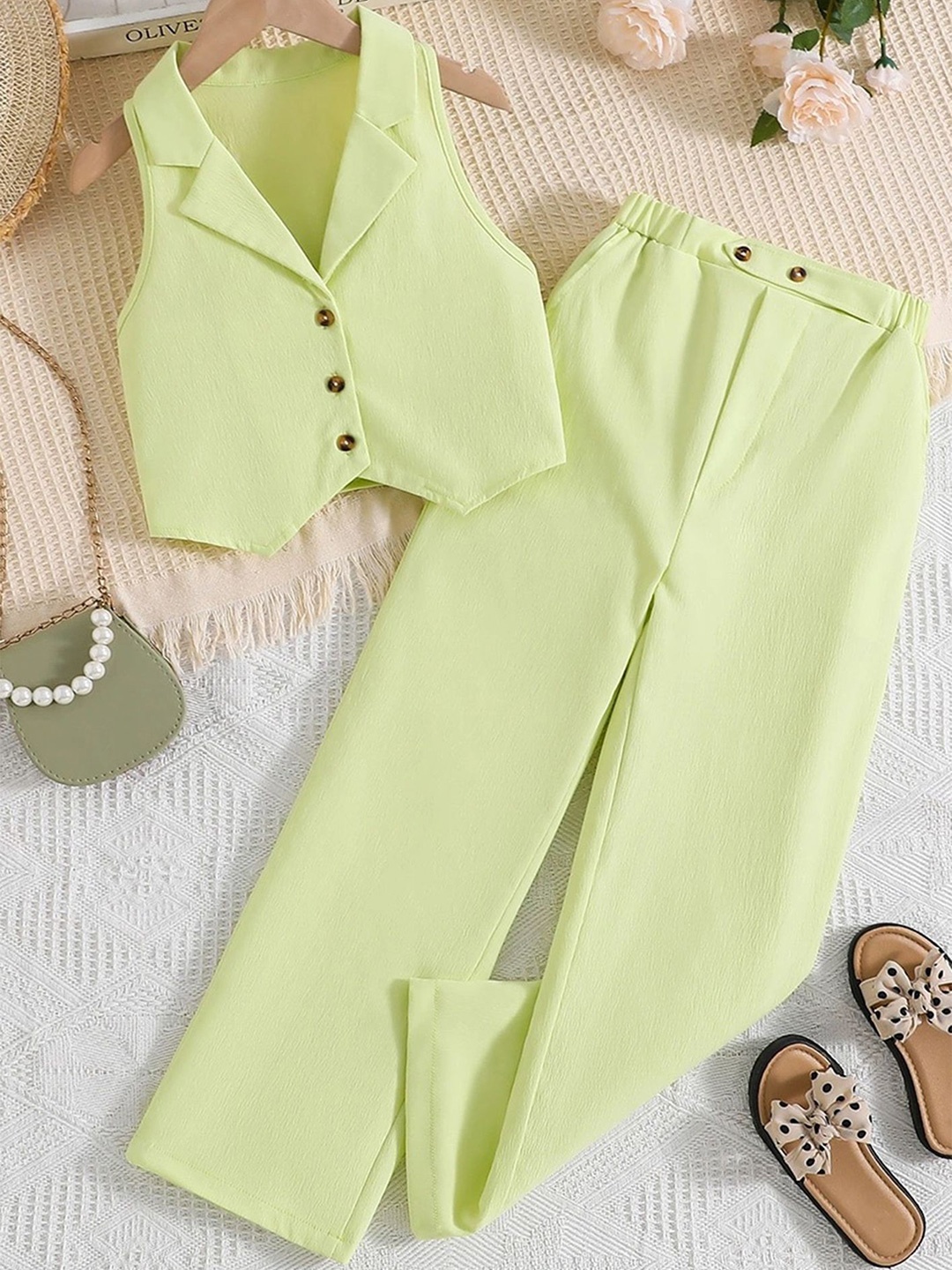 

LULU & SKY Girls Shirt Collar Waistcoat With Trousers, Green