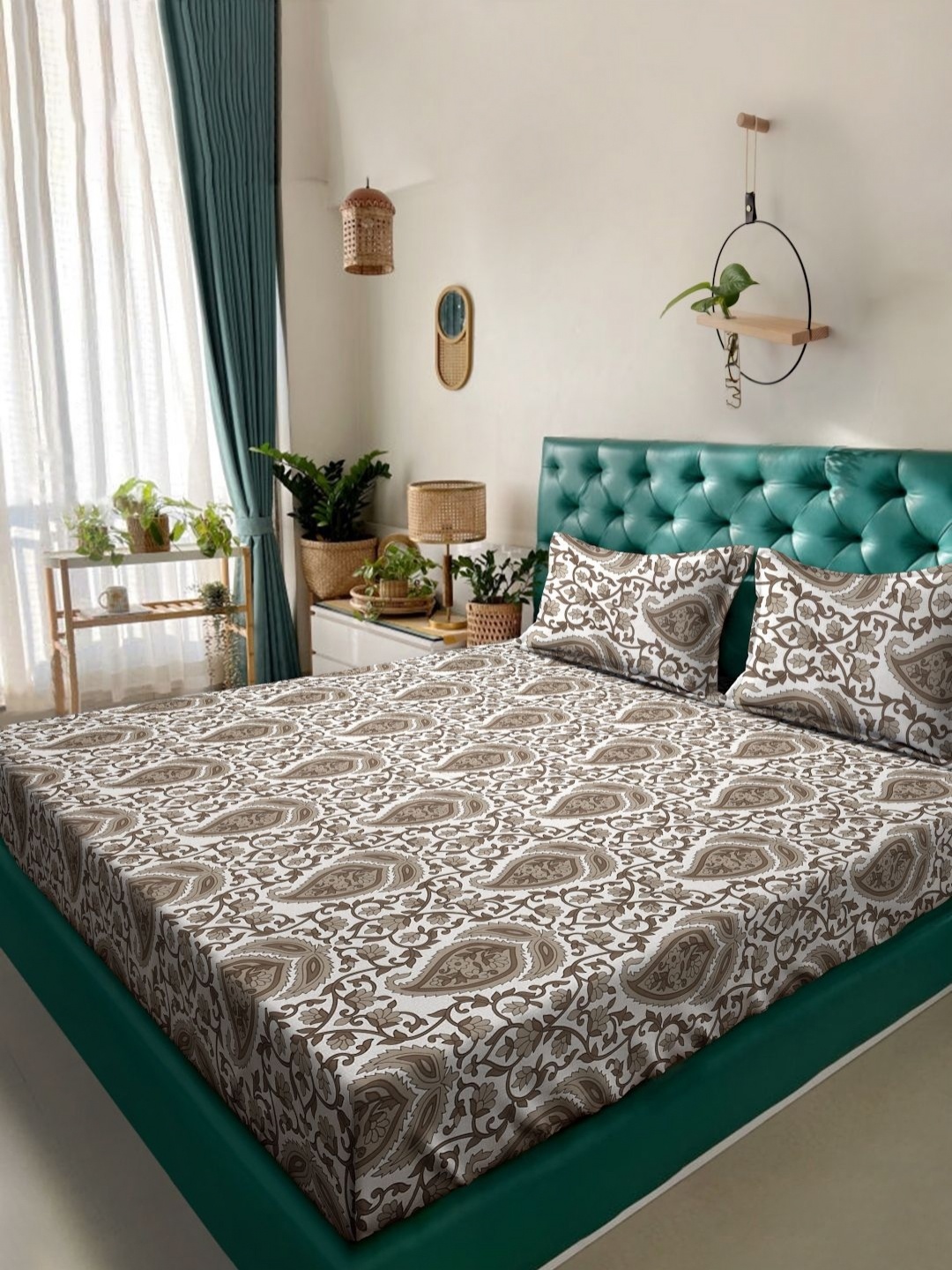 

KLOTTHE Beige Floral Printed Flat 300 TC King Bedsheet With 2 Pillow Cover