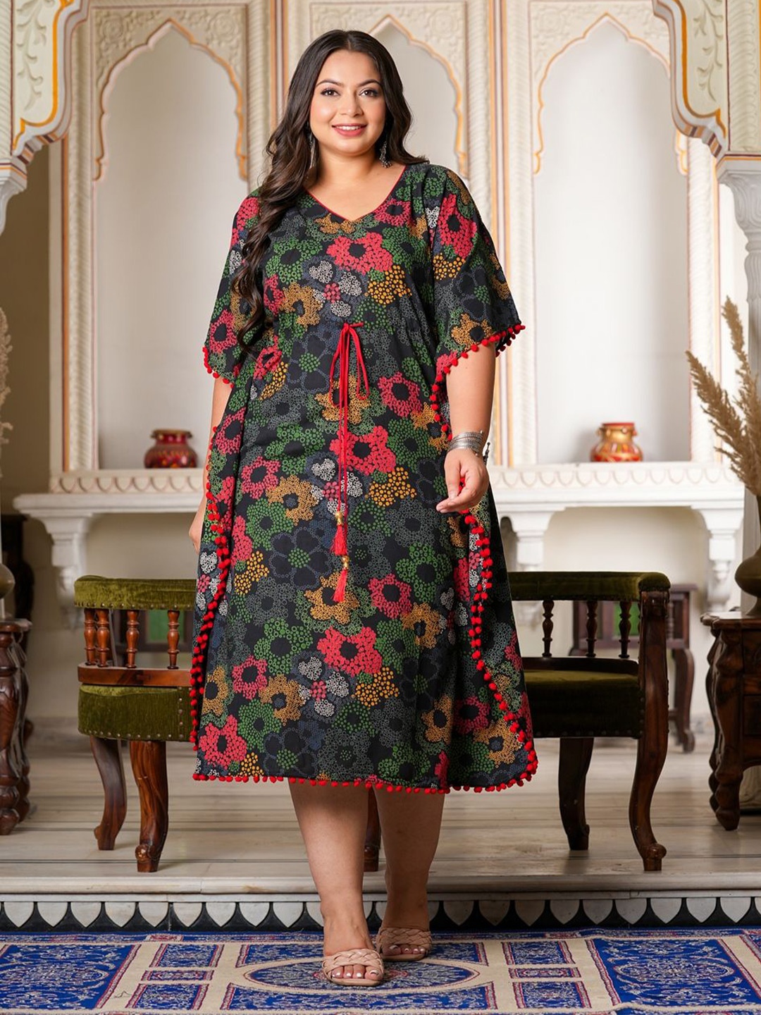 

KALINI Women Floral Printed Kaftan Midi Dress, Black