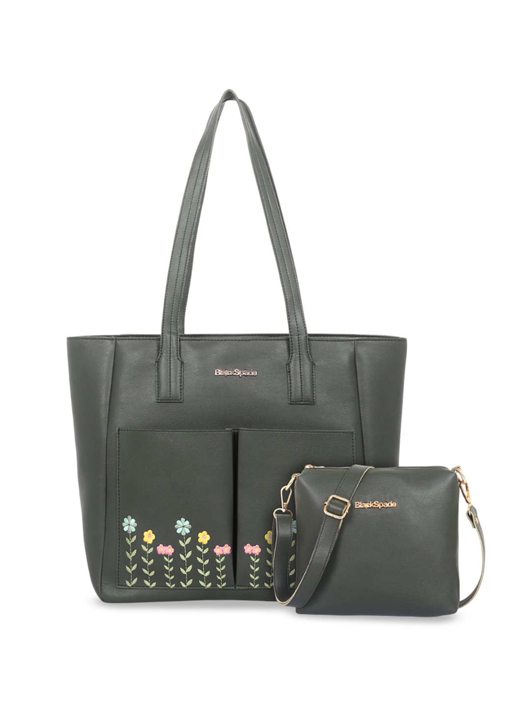 

Black Spade Floral PU Structured Tote Bag, Green