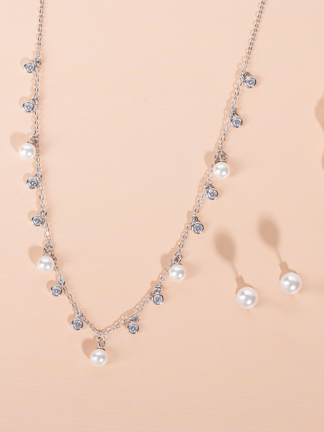 

GLYTERS 925 Sterling Silver Rhodium-Plated Pearl Beaded Dewdrop Jewellery Set