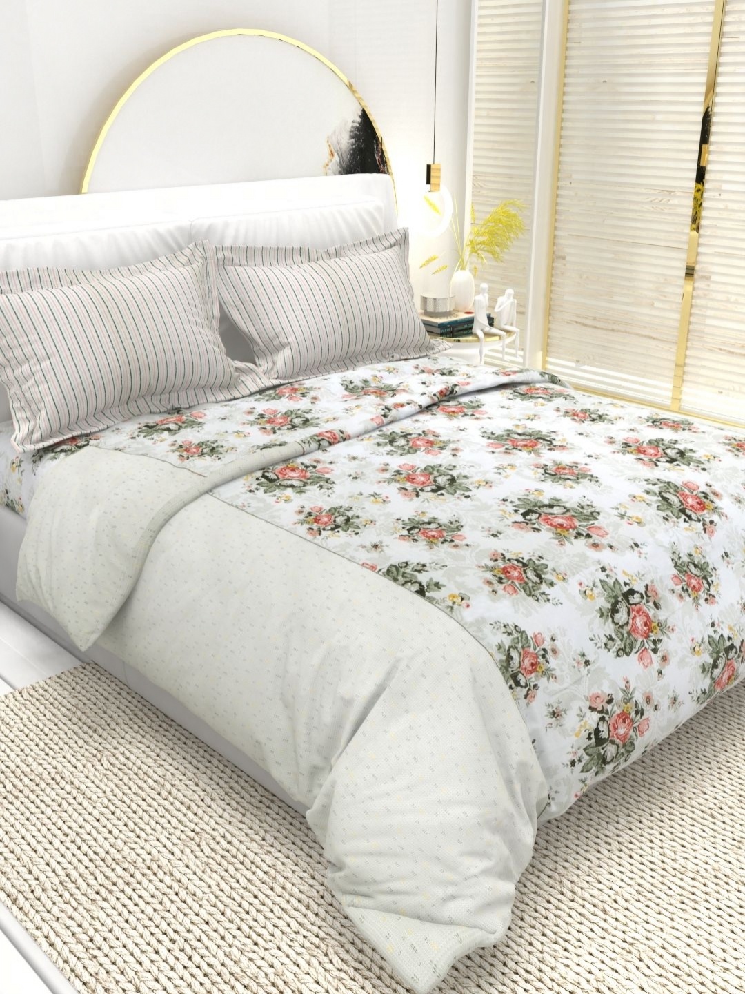 

THE WHITE MOSS Florence White Printed Cotton 220 TC Queen Bedsheet Set-2.25 m x 2.55 m