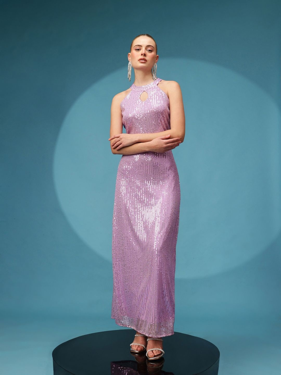 

BAESD Embellished Keyhole Neck Net Maxi Dress, Purple