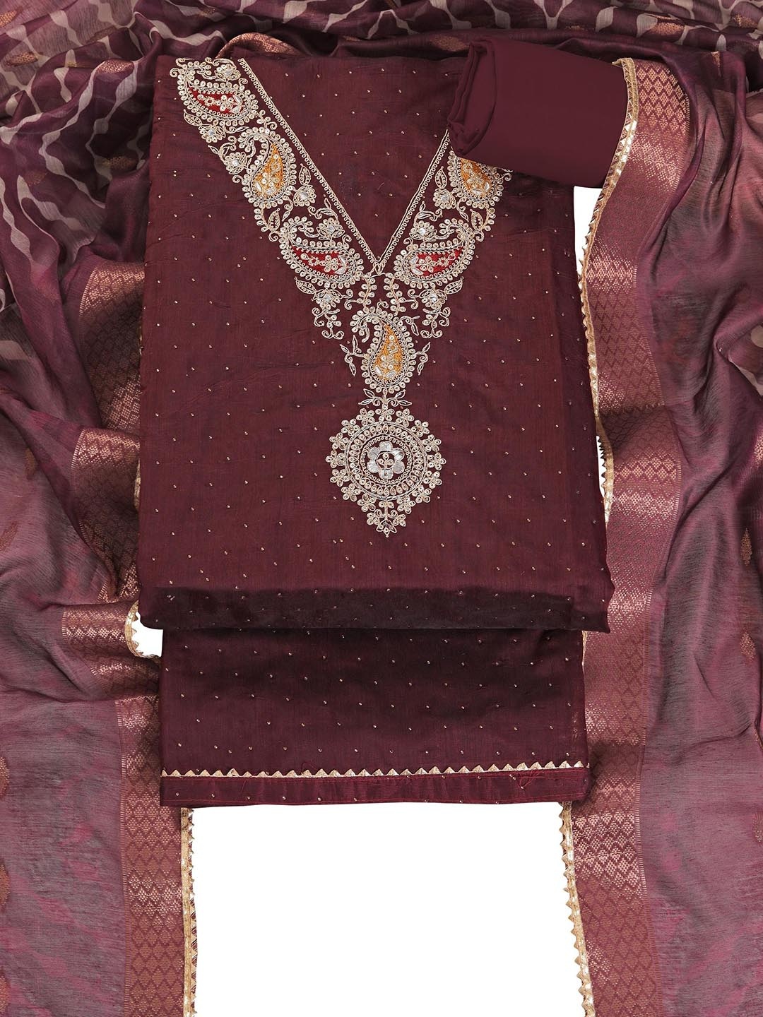 

Riti Paisley Sequence Embroidered Unstitched Dress Material, Maroon