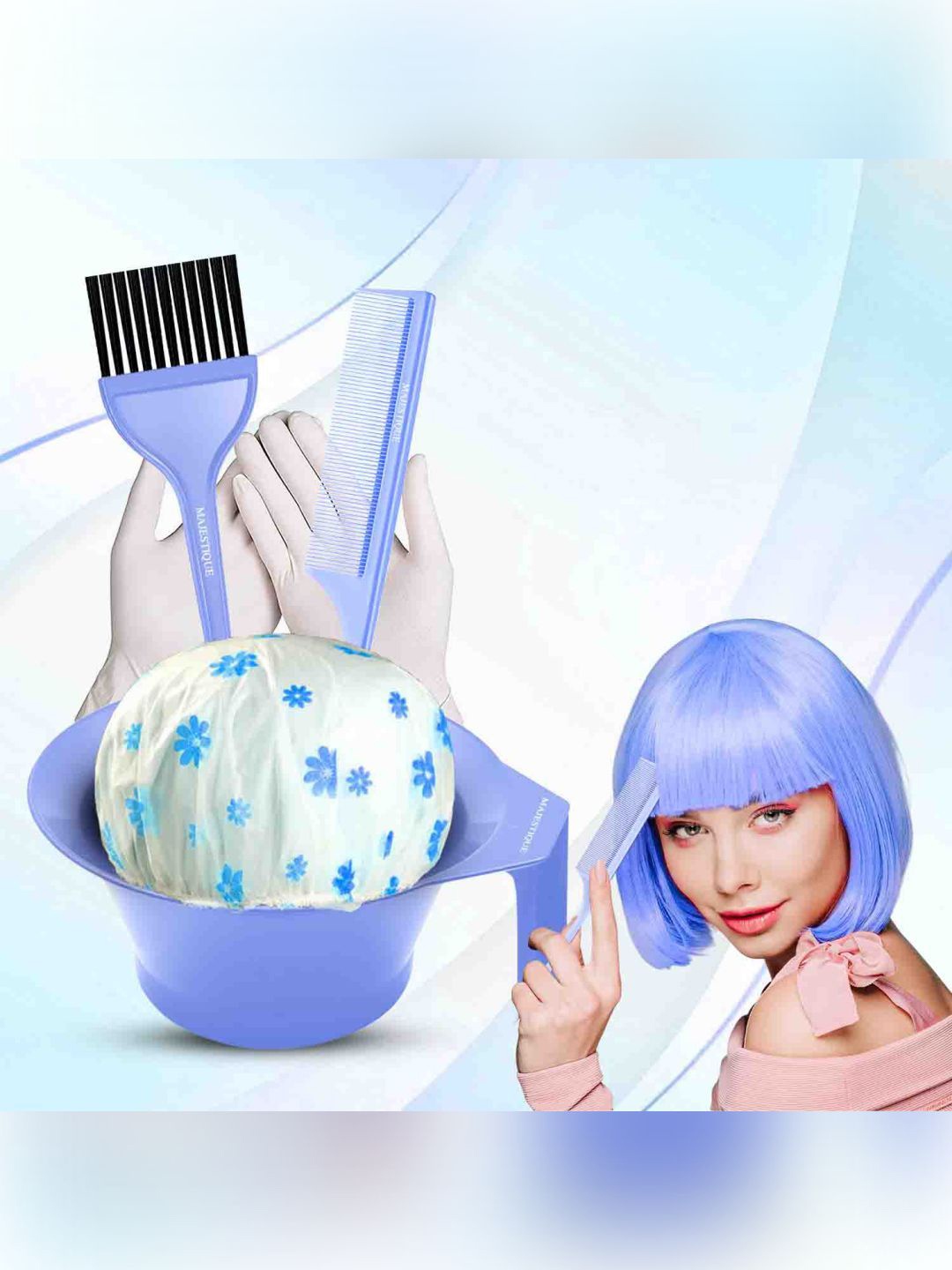 

Majestique Set Of 5 Professional Premium Hair Dye Kit Brush Tail Comb Shower Cap & Bowl, Blue