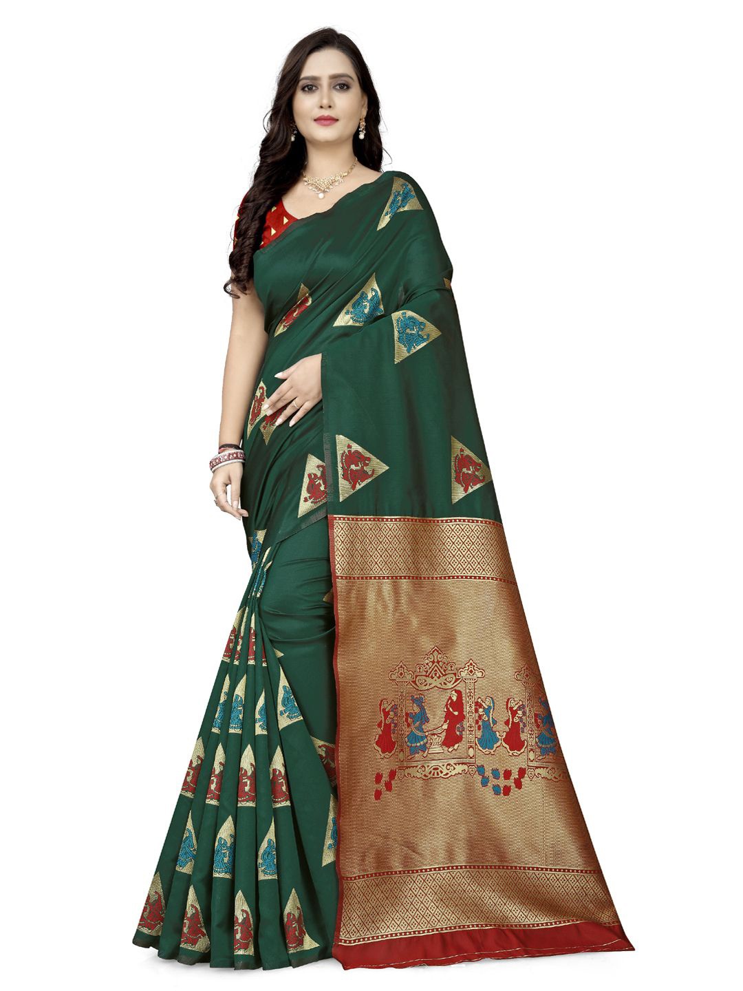 

DIVASTRI Woven Design Zari Silk Cotton Banarasi Saree, Green
