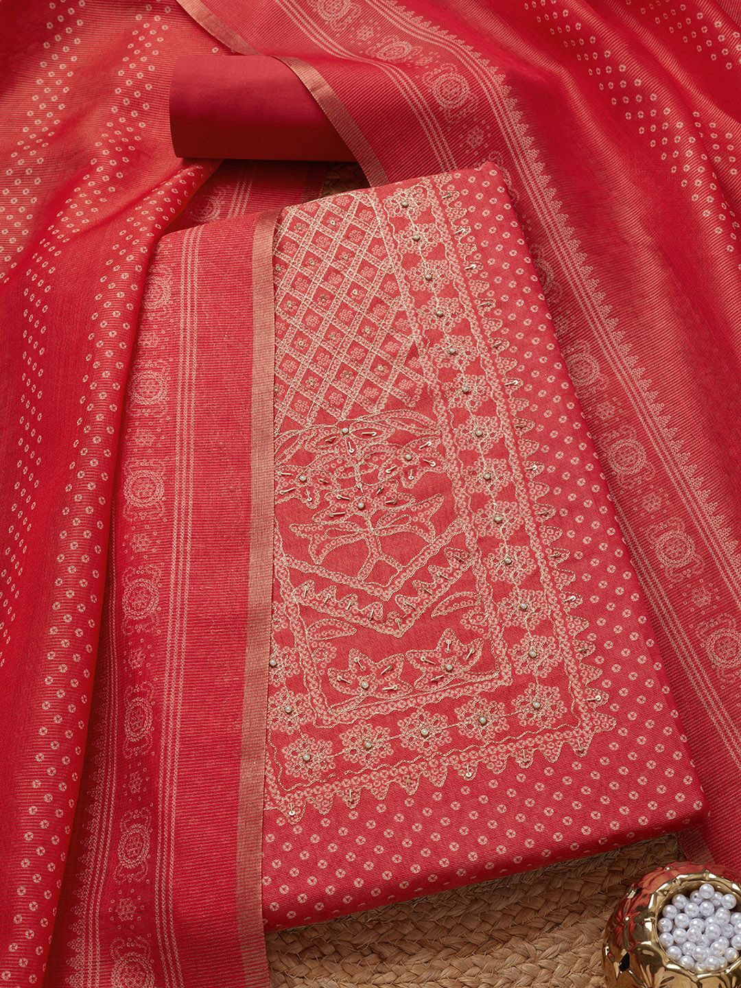 

Soch Bandhani Printed Sequinned Tissue Shimmer Unstitched Dress Material, Peach