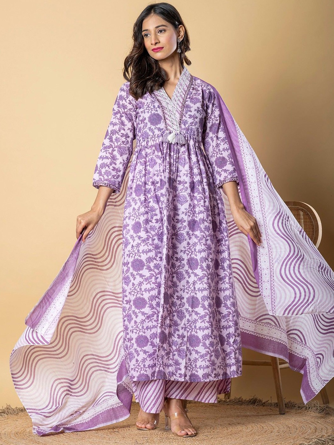 

Readiprint Geometric Embroidered V-Neck Anarkali Kurta With Palazzos And Dupatta, Purple