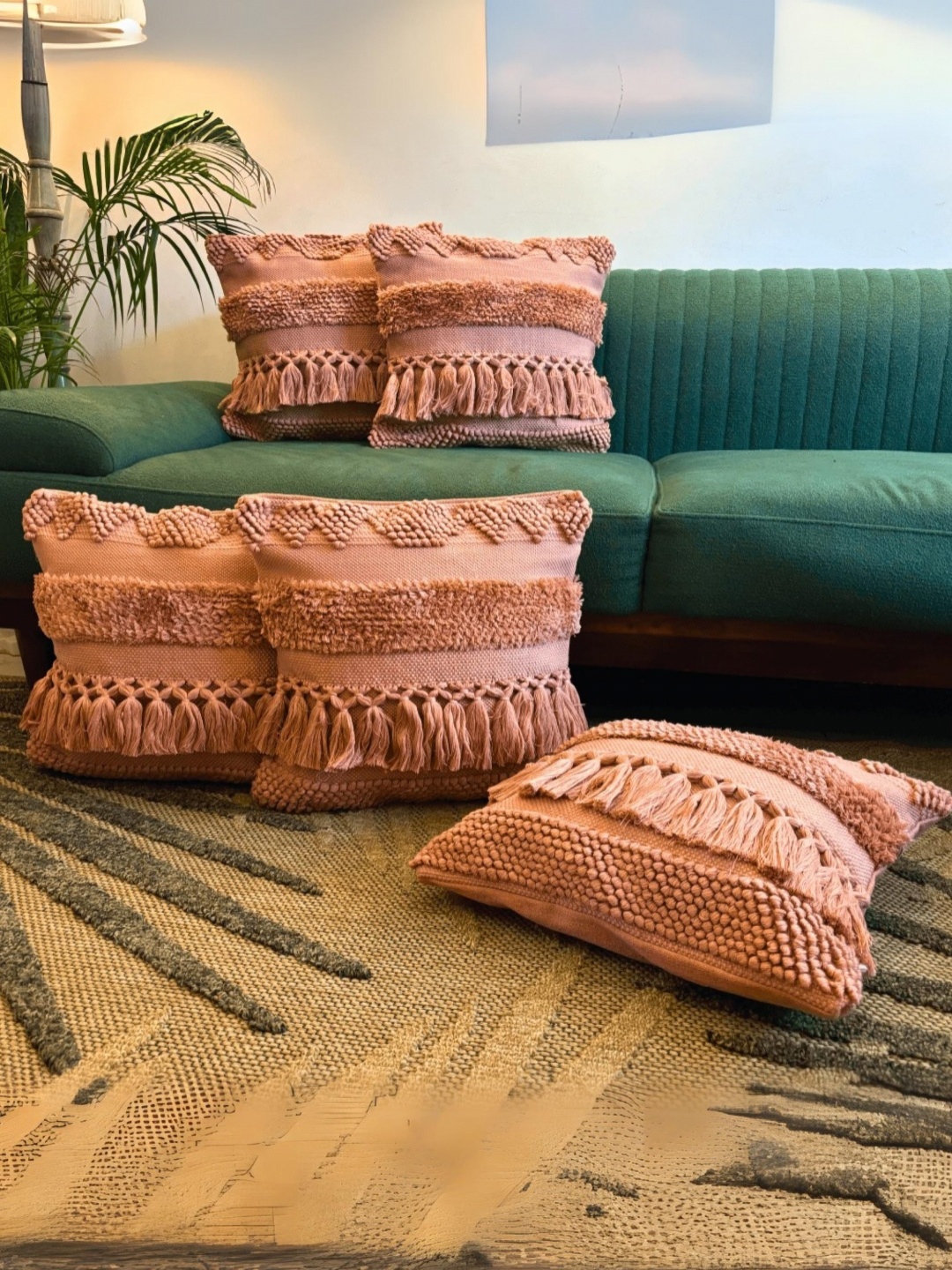 

LUSHLYF Tufted Peach 5 Pieces Geometric Textured Cotton Square Cushion Covers