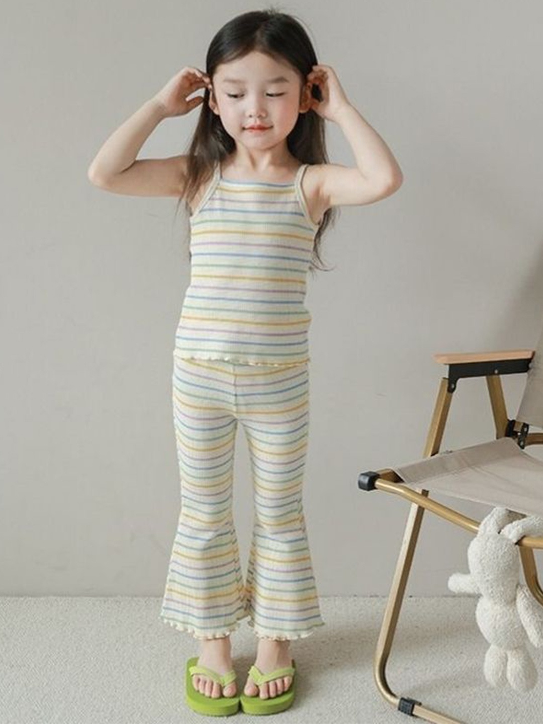 

LULU & SKY Girls Shoulder Straps Striped Cami Top With Trousers, Beige