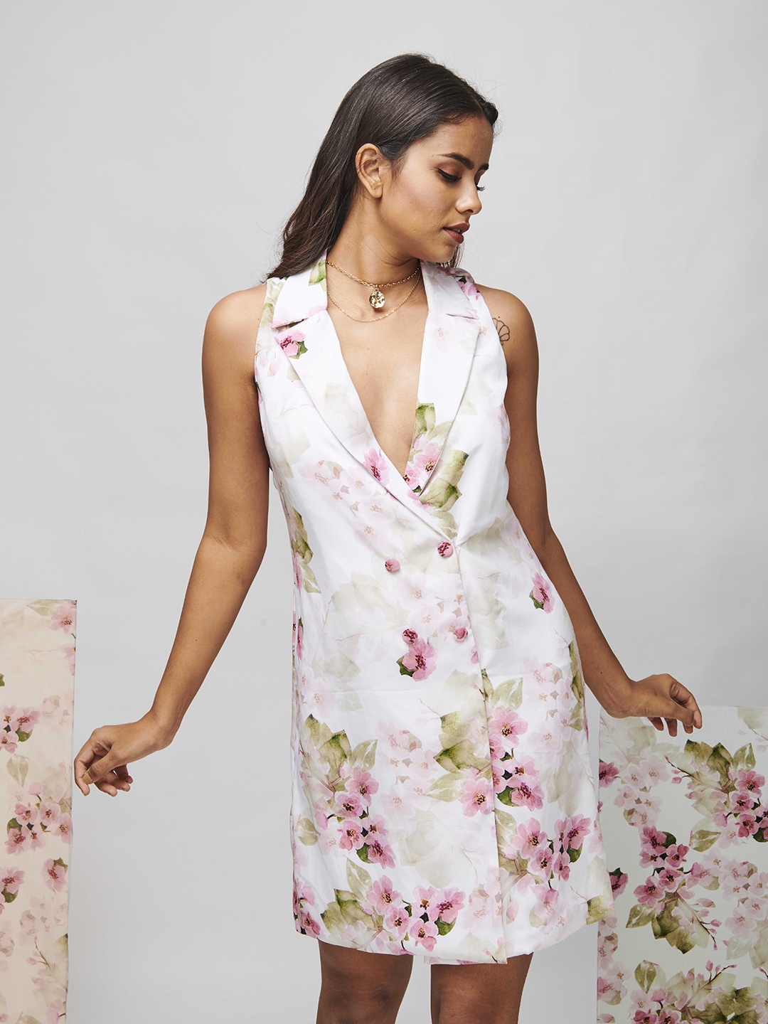 

WEAVING CULT Women Floral Printed Blazer Dresses, White