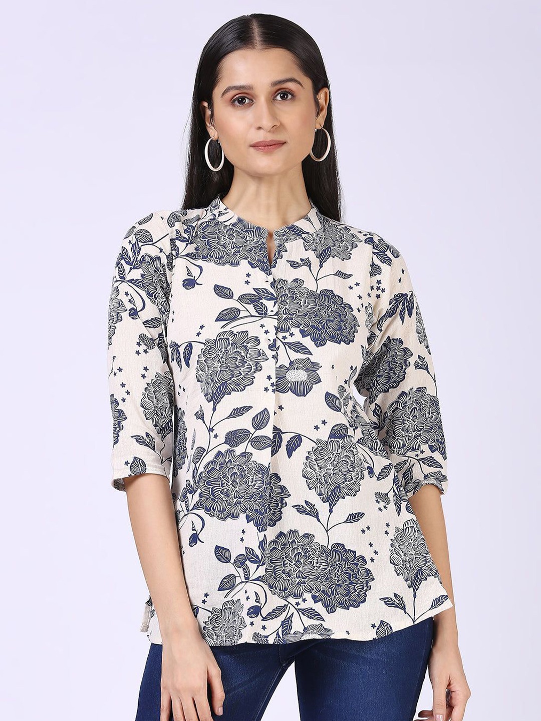 

STUNICS Floral Print Mandarin Collar Linen Shirt Style Top, Blue