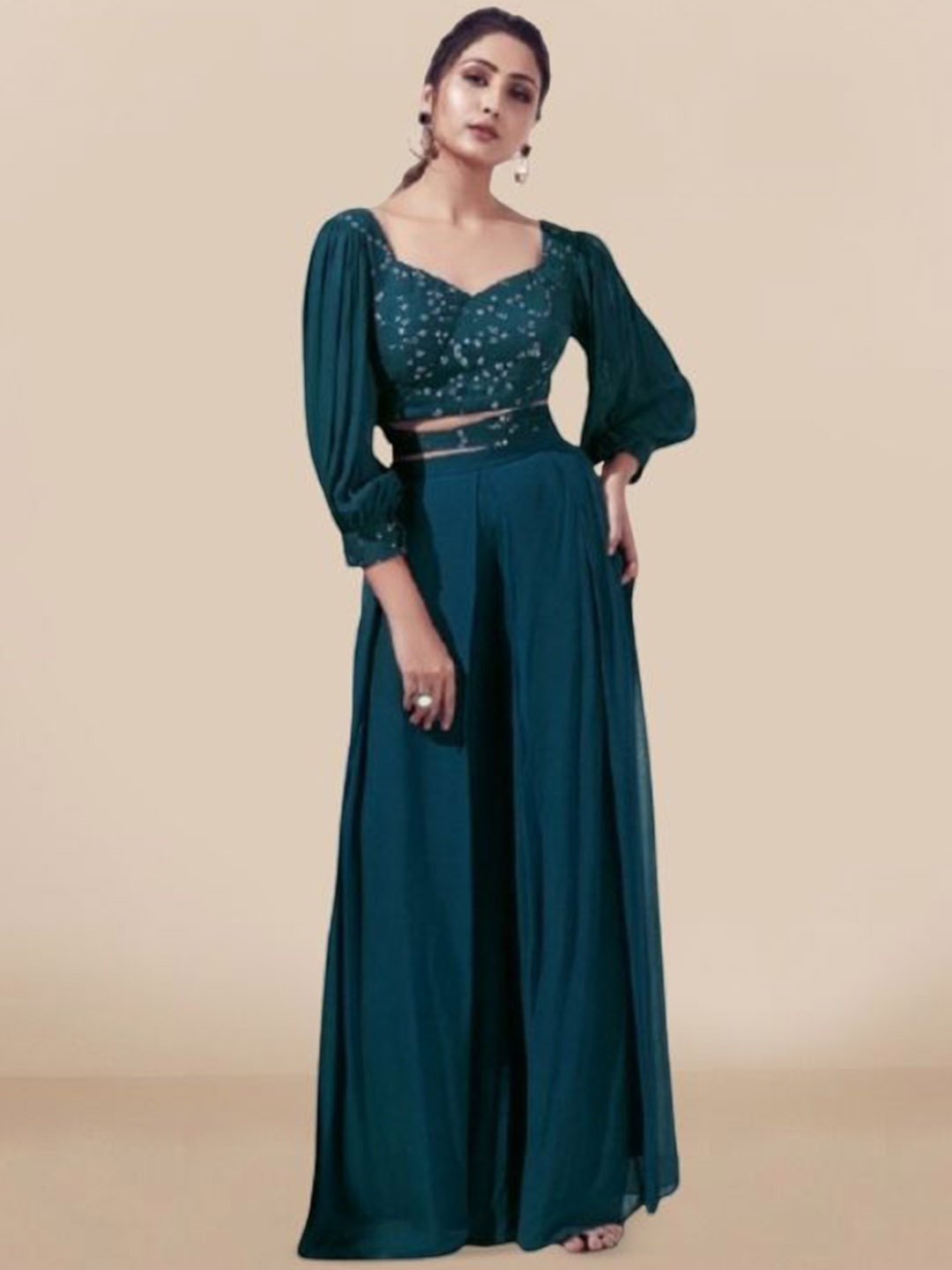 

PARROT CREATION Floral Embroidered Sweetheart Neck Crop Top With Palazzo, Teal