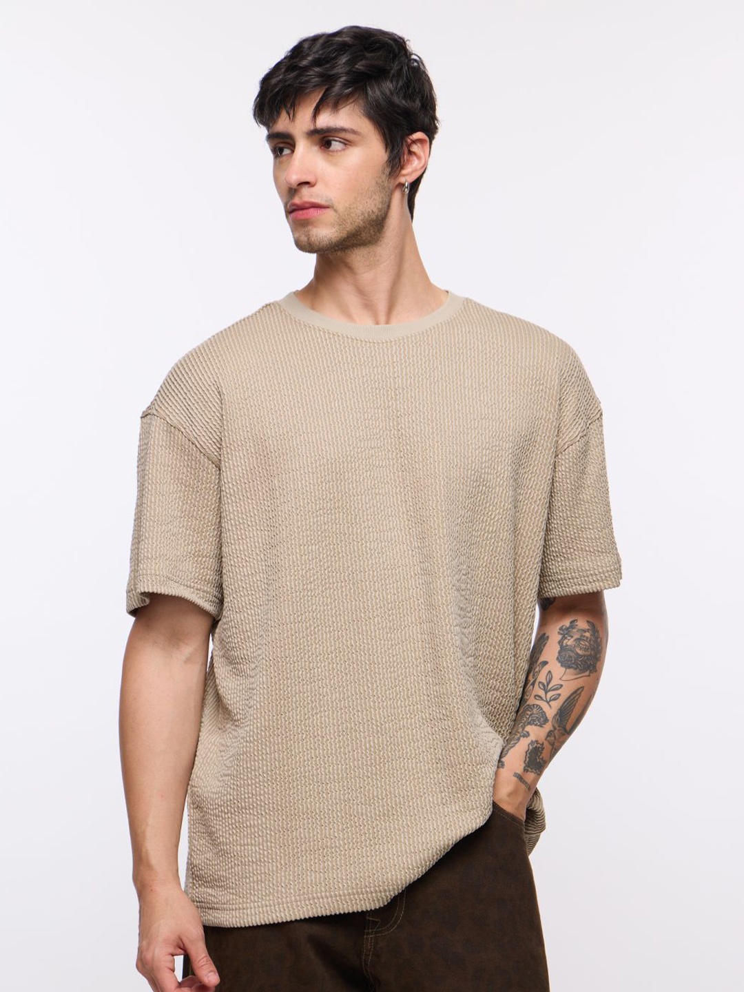 

The Souled Store Men Self Design Round Neck Cotton Oversized T-shirt, Beige