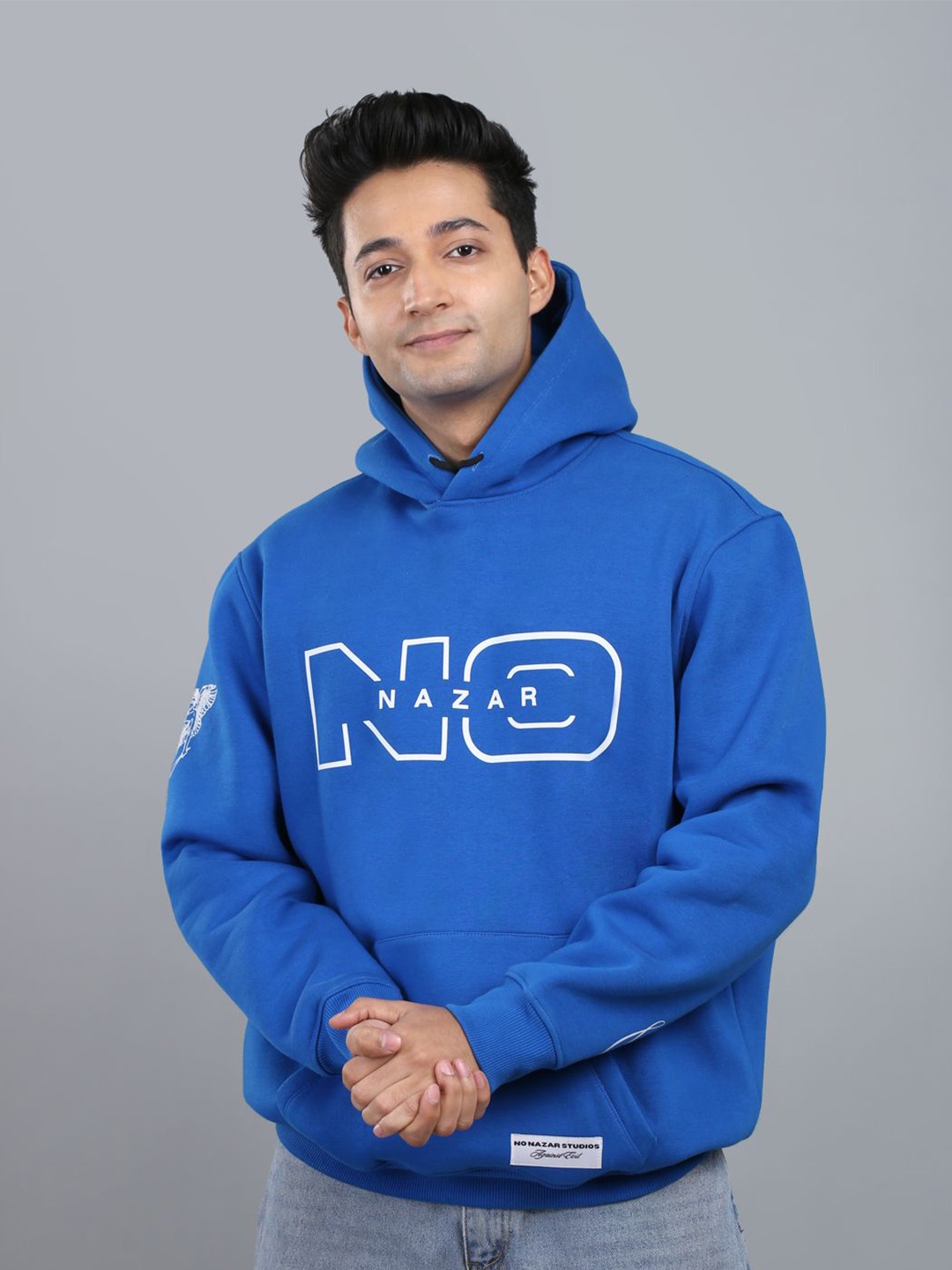 

No Nazar Unisex Cotton Typography Printed Hooded Sweatshirts, Navy blue