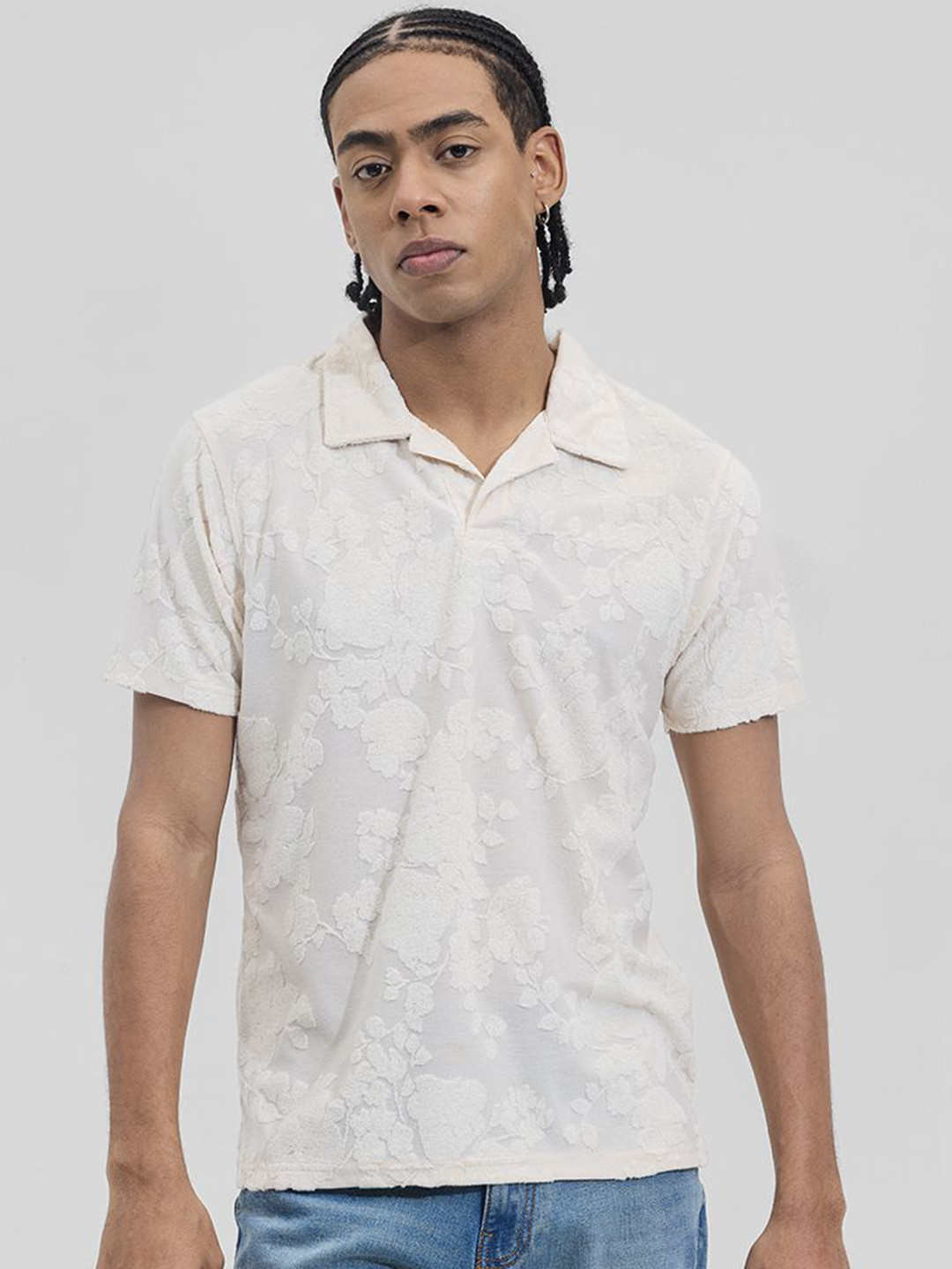 

Snitch Men Floral Printed Polo Collar T-shirt, White