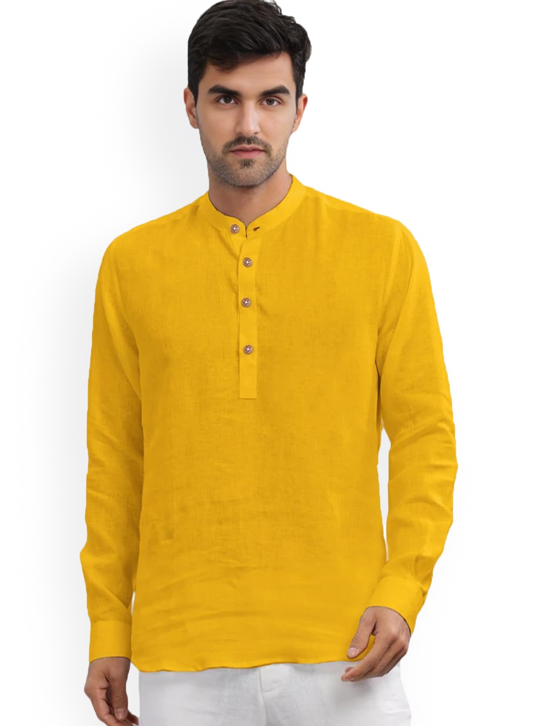 

Vida Loca Band Collar Pure Cotton Straight Short Kurta, Yellow