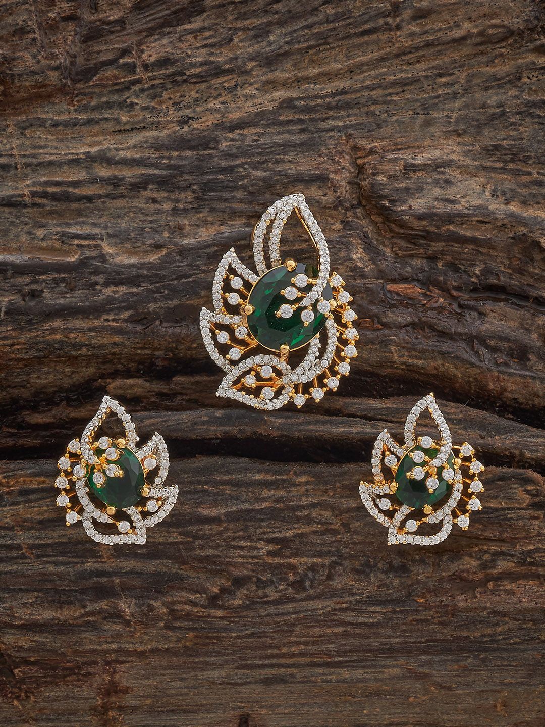 

Kushal's Fashion Jewellery Green Rhodium Gold-Plated Party Zircon Pendant Set