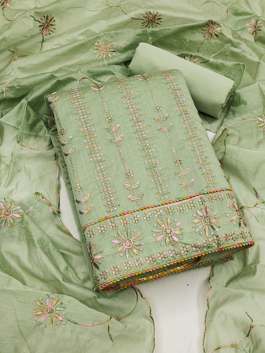 

SAINOOR Floral Embroidered Sequinned Unstitched Dress Material, Green