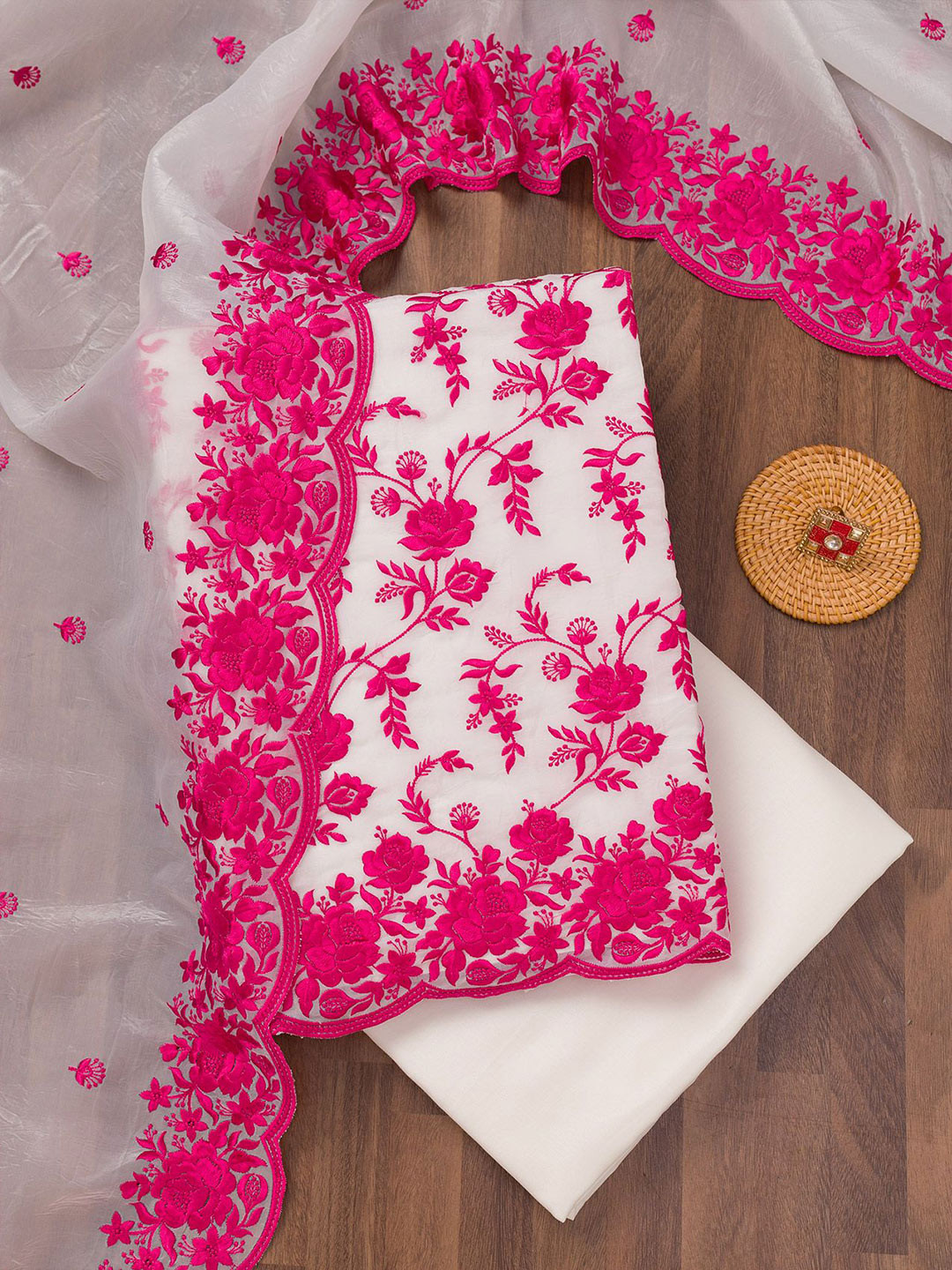 

Koskii Floral Embroidered Unstitched Dress Material, White