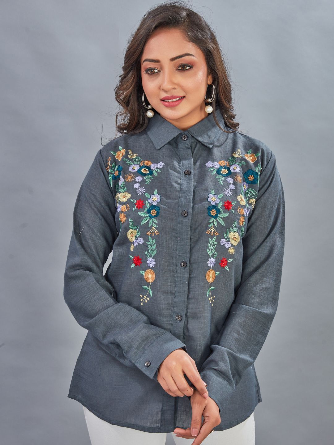 

Flossy Women Floral Embroidered Cotton Casual Shirt, Grey