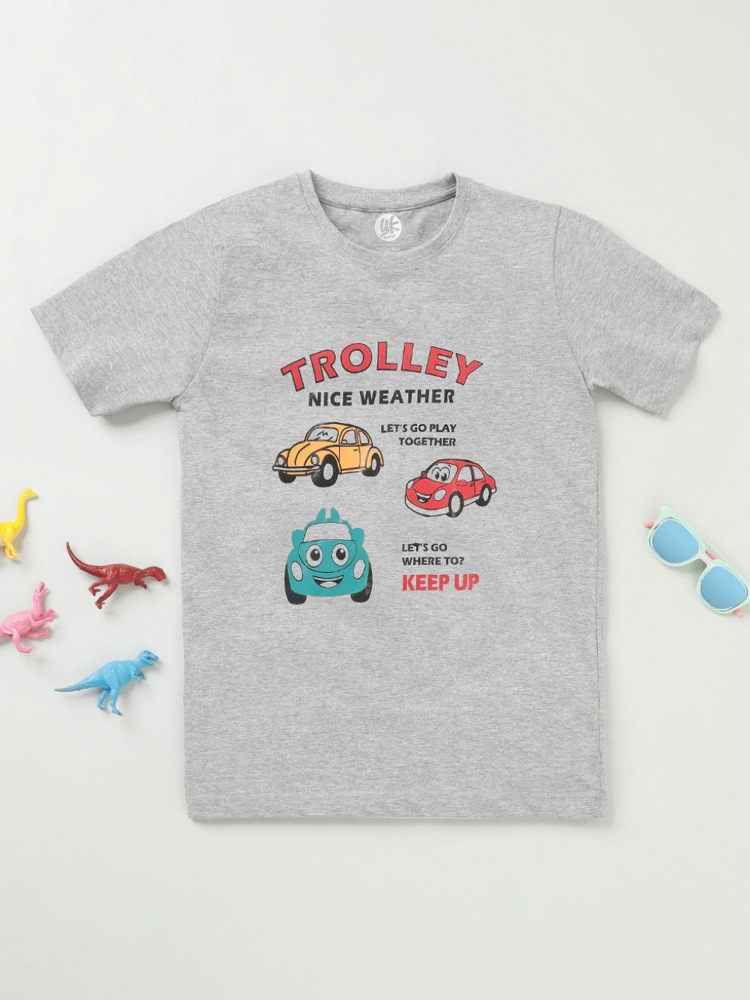 

YK Boys Graphic Printed Round Neck Cotton T-shirt, Grey
