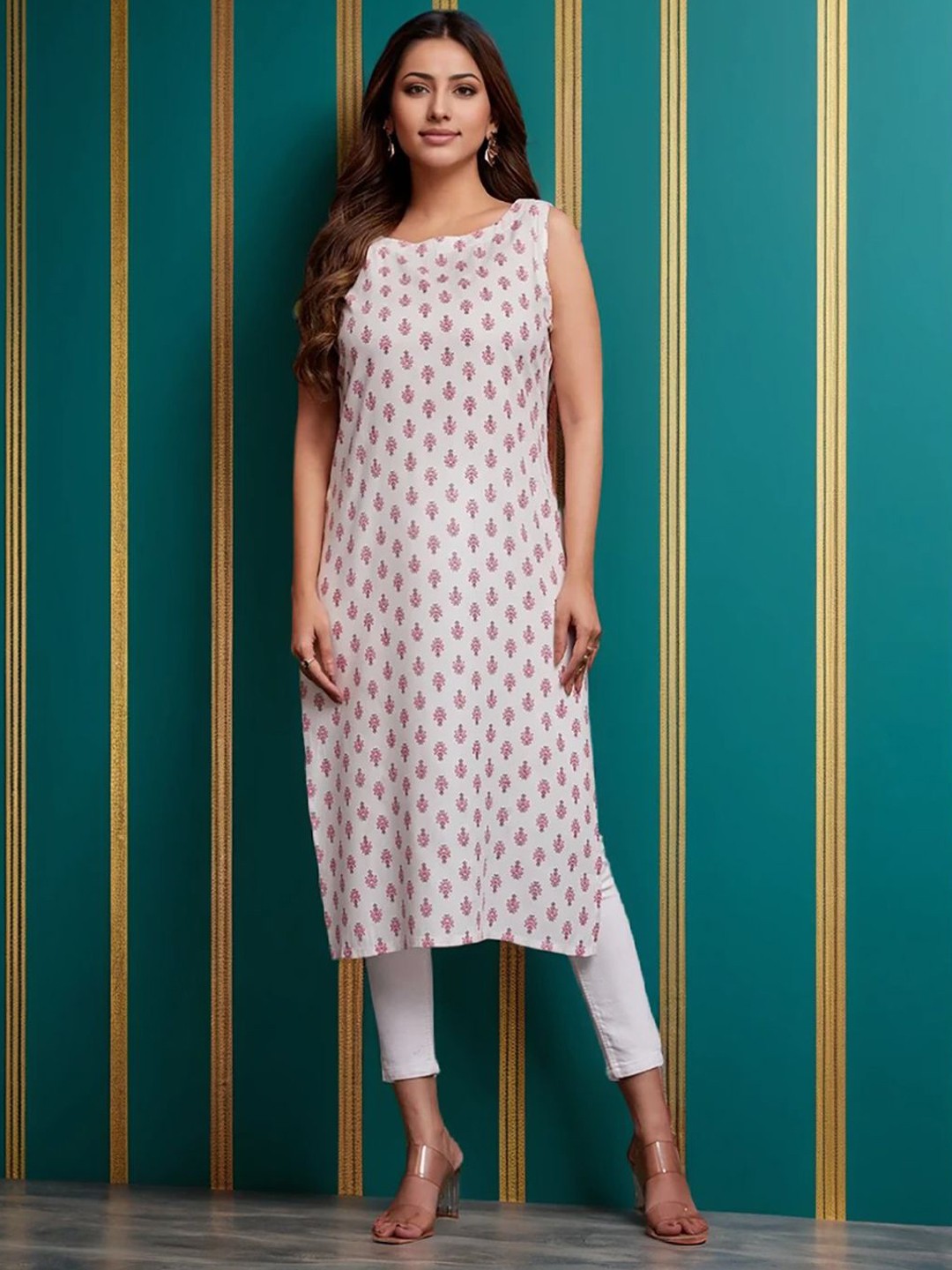 

KALINI Floral Printed Round Neck Straight Kurta, White