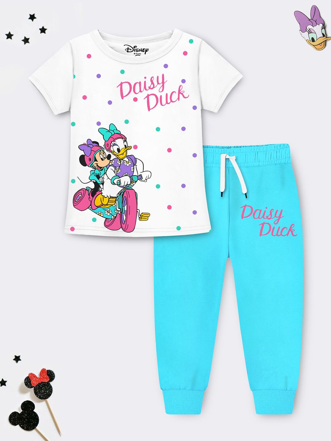 

Disney By Miss and Chief Girls Minnie & Daisy Duck Printed T-shirt With Track Pant, White