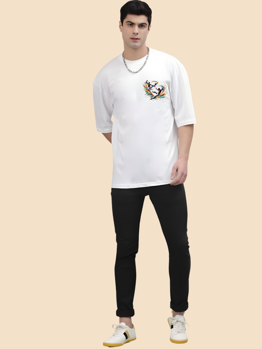 

SZN Men Graphic Printed Round Neck Cotton Oversized T-shirt, White