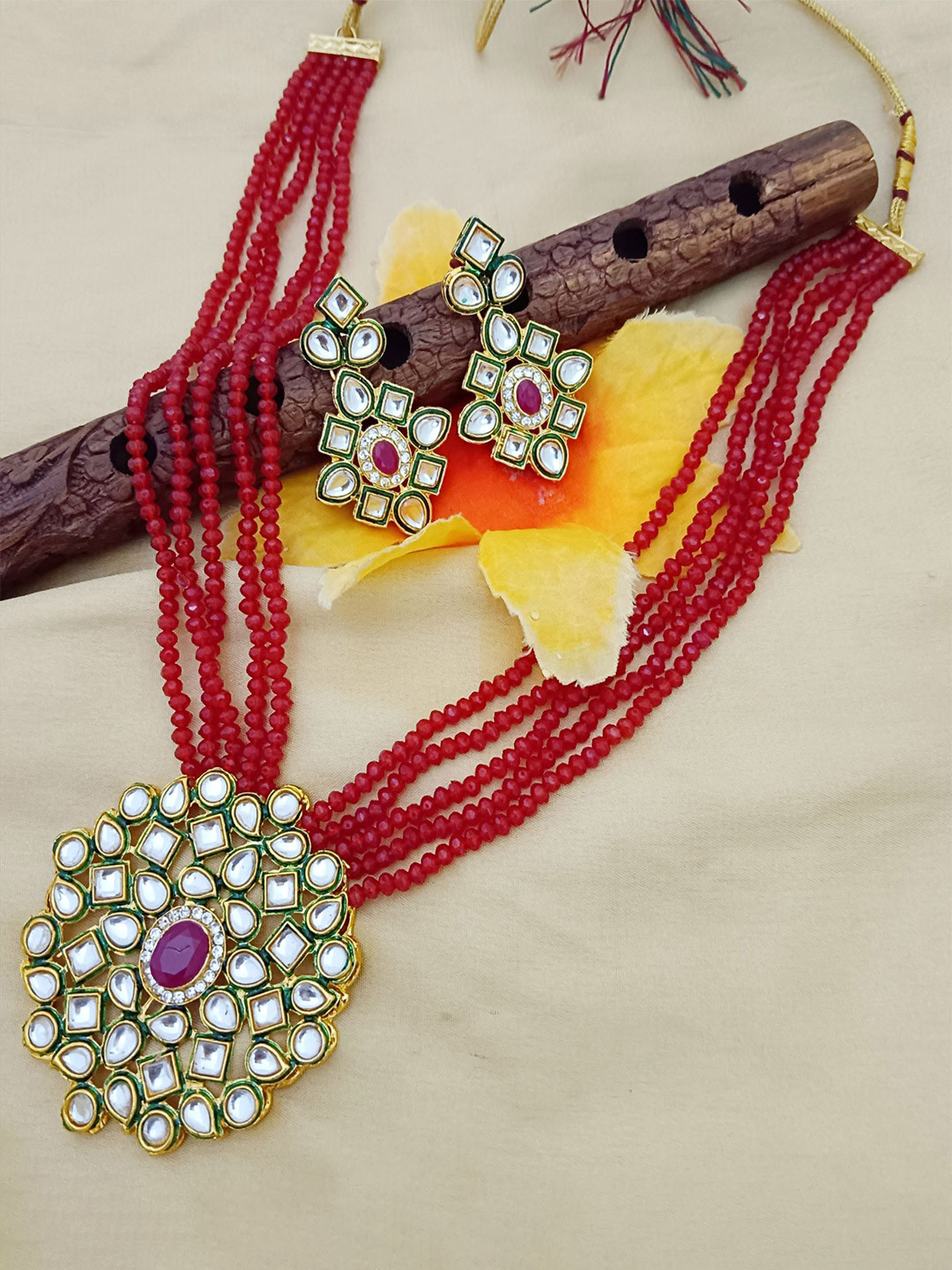 

EVY Kundan Studded And Artifical Beaded Raani Haar Jewellery Set, Gold