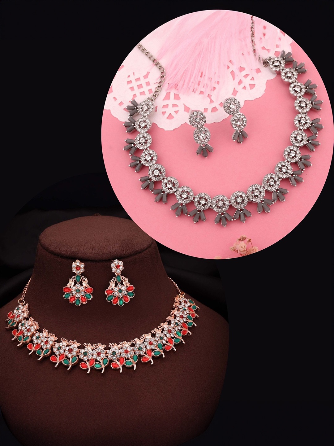 

DIVASTRI Set Of 2 Gold-Plated Artificial Stones Studded Jewellery Set