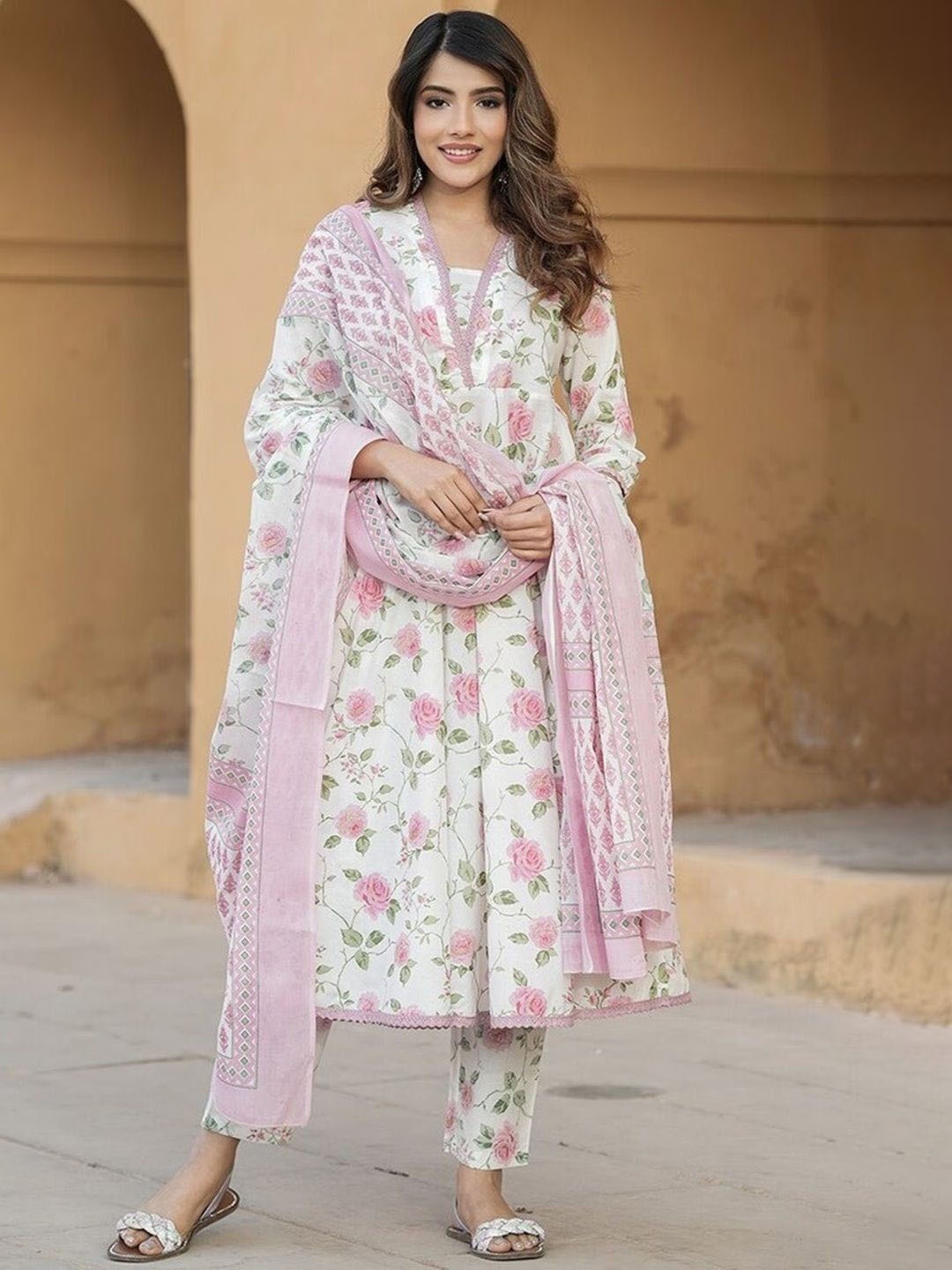 

Ethnic Yard Floral Printed V-neck Pure Cotton Anarkali Kurta With Trouser And Dupatta, White