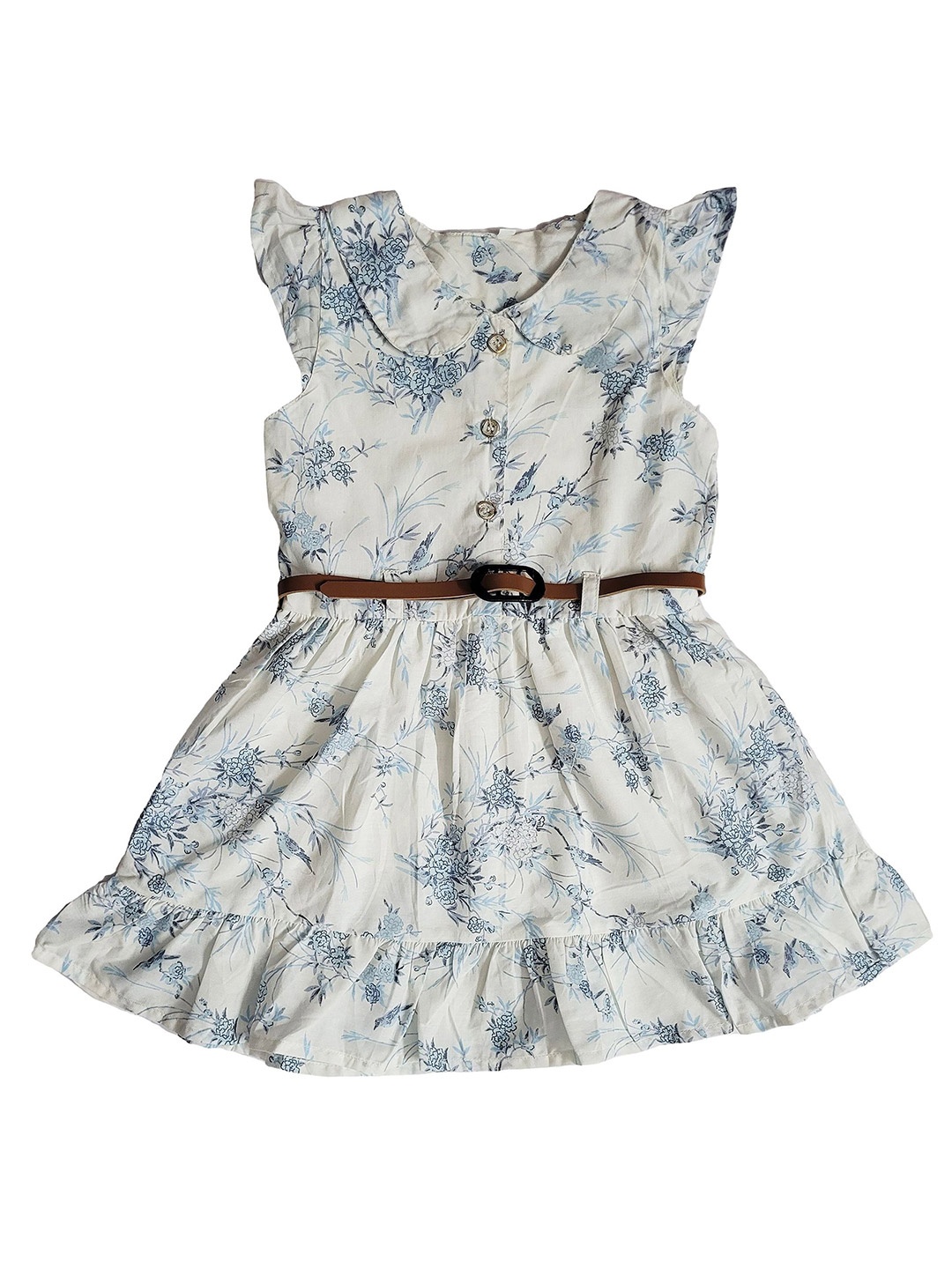 

Miss & Chief Girls Floral Printed Cap Sleeves Cotton Fit & Flare Dress with a belt, White