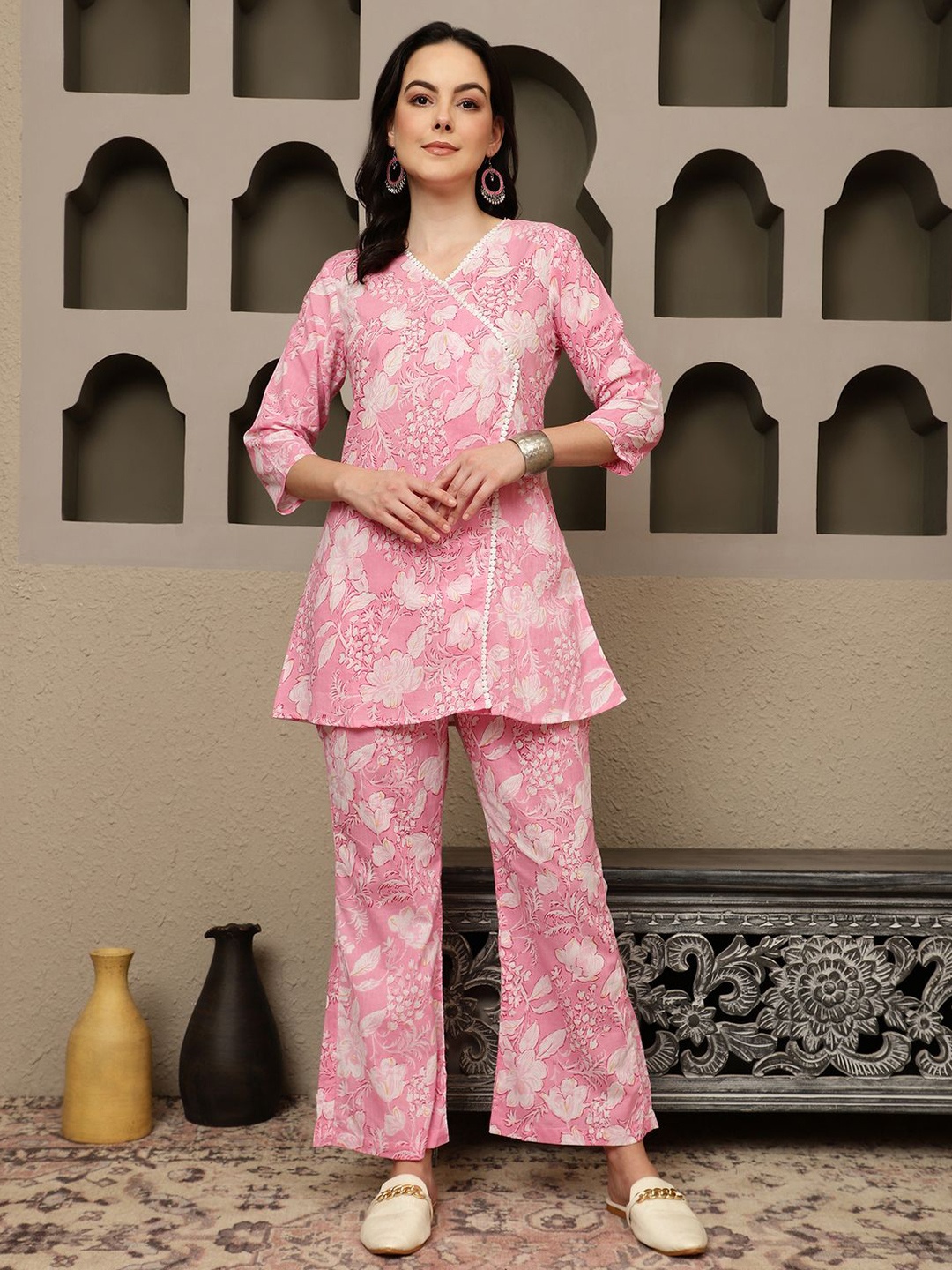 

BANDIA Floral Printed Cotton Tunic & Trousers Co-Ords Set, Pink