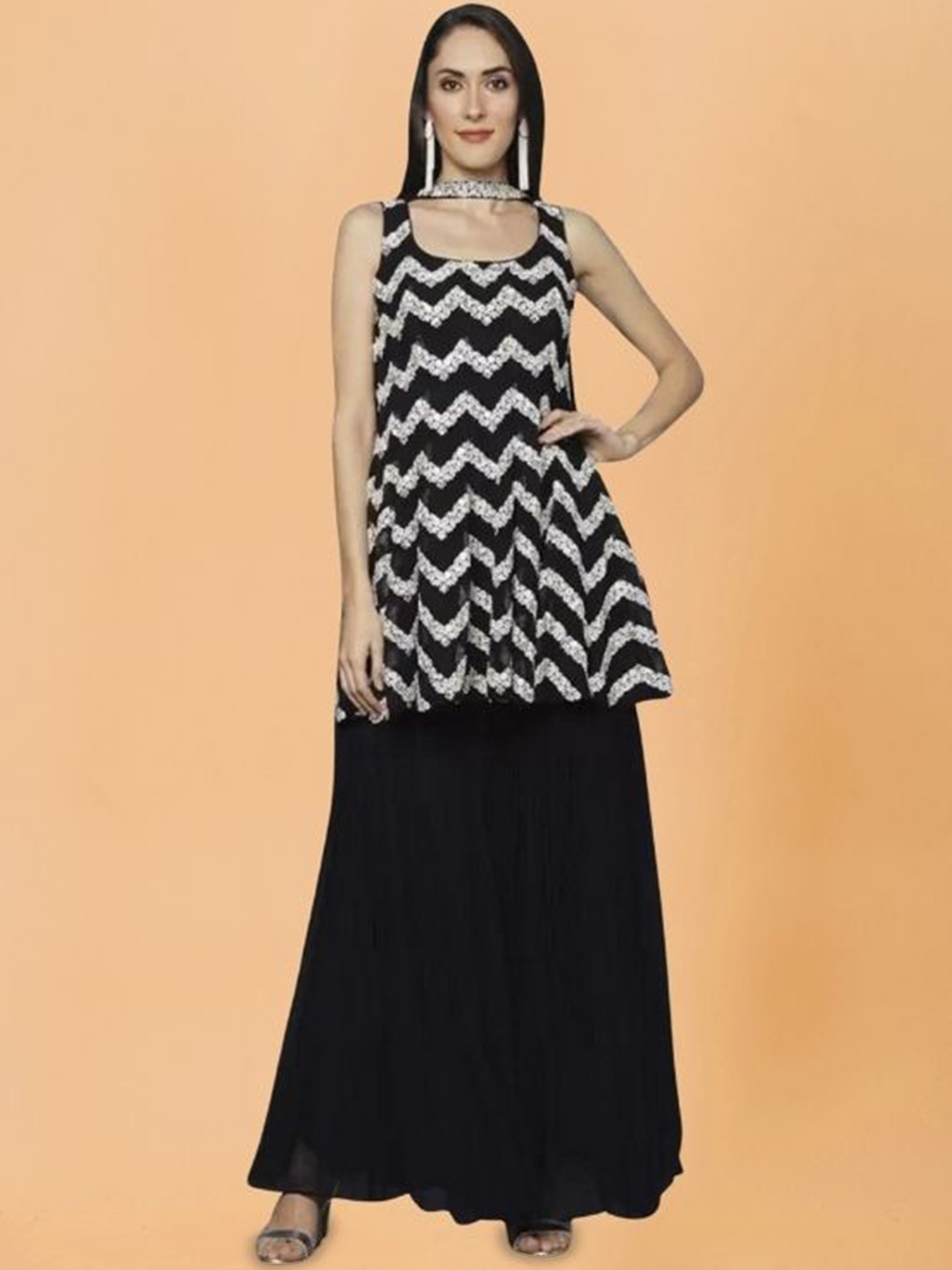 

PARROT CREATION Embroidered A-Line Sequinned Kurti With Sharara And Dupatta, Black