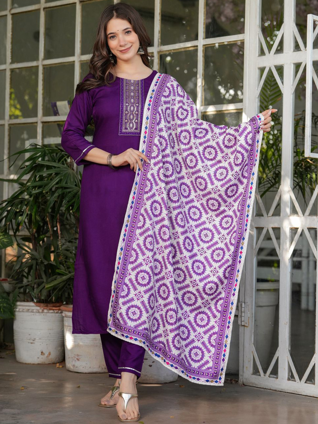 

Anara Sequinned Round Neck Straight Kurta With Trousers And Dupatta, Purple