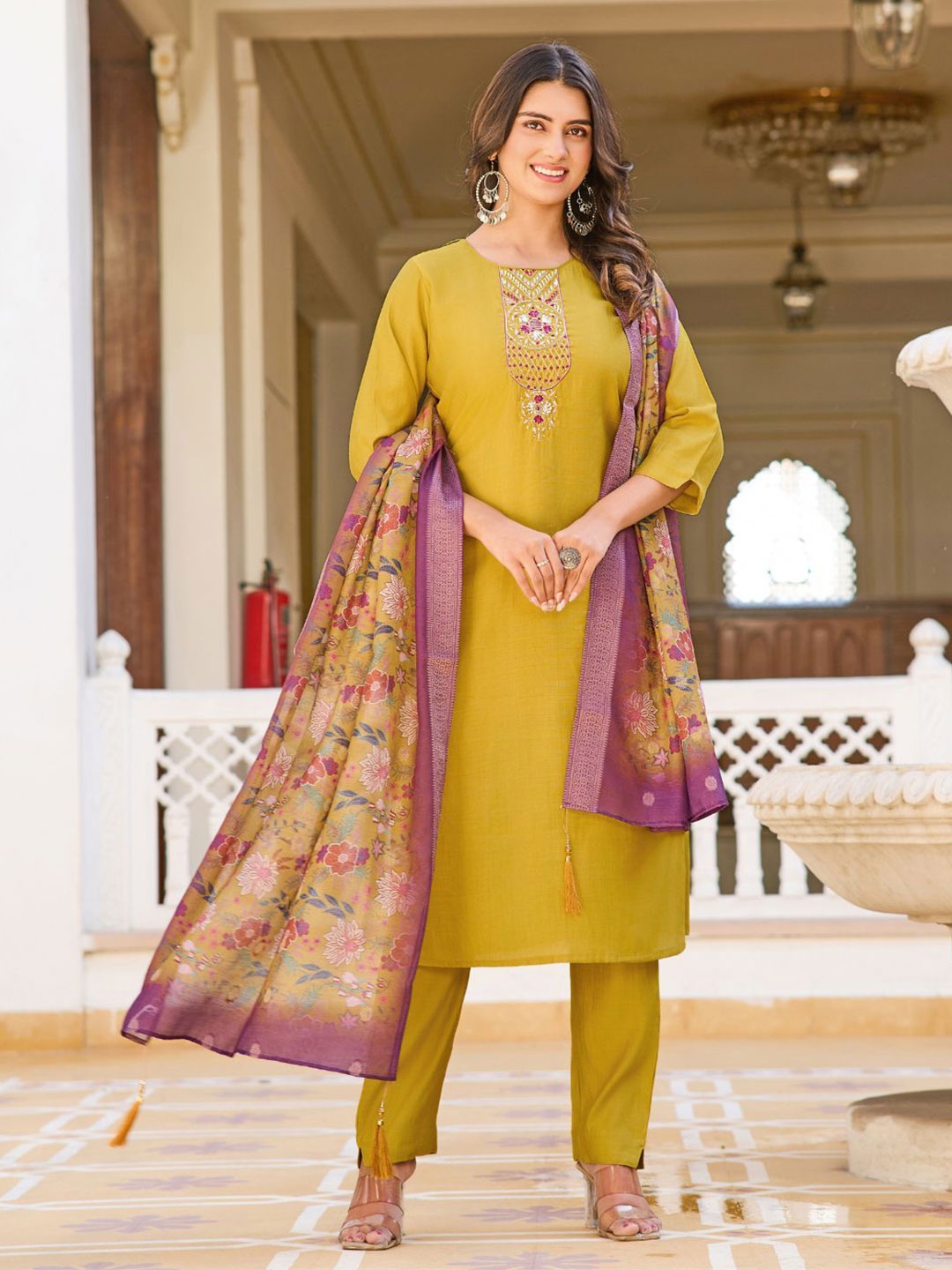 

ODETTE Floral Embroidered Beads and Stones Straight Kurta with Trousers & Dupatta, Mustard