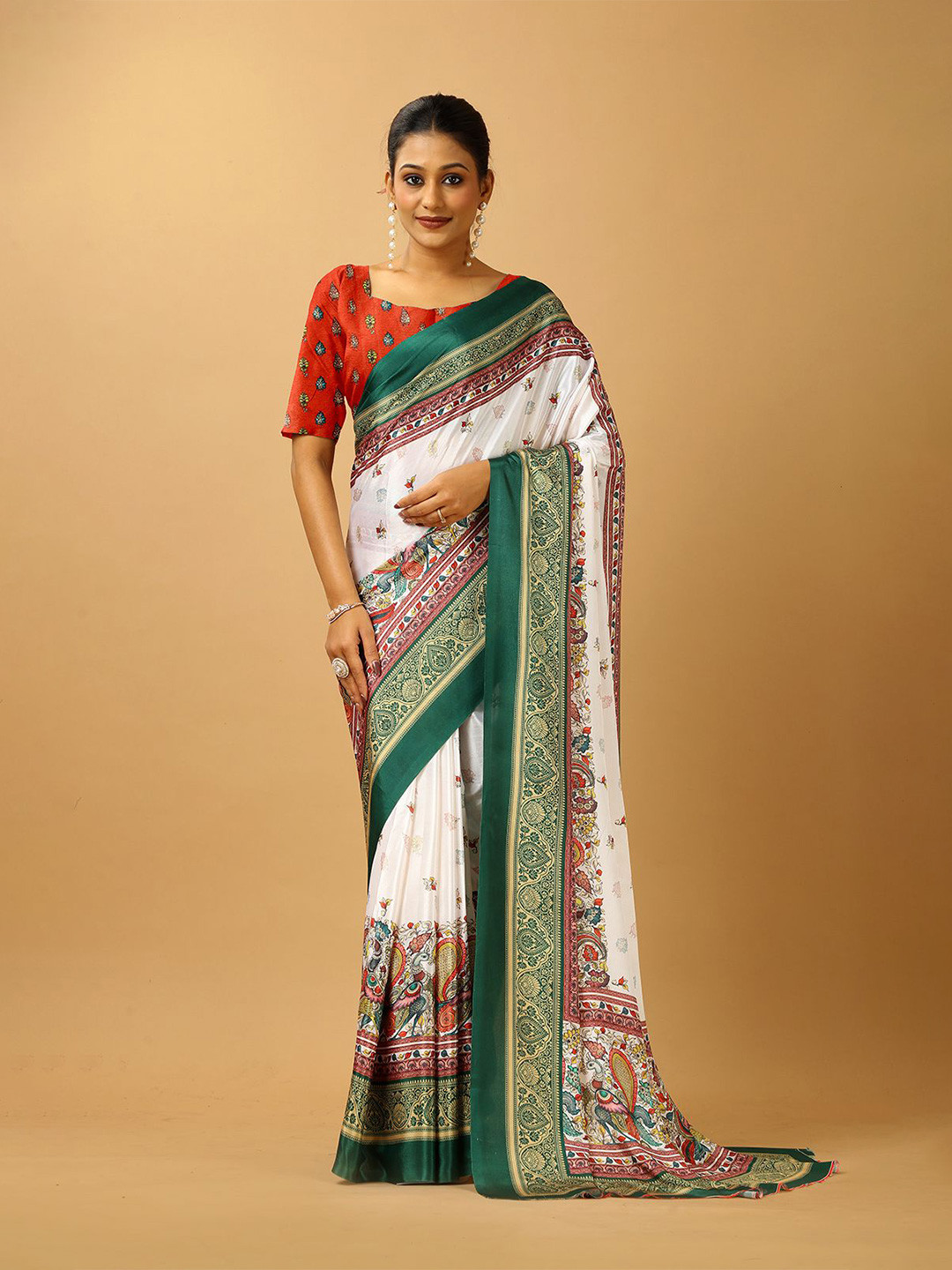 

A.V.M. SILK MILLS FloralPrinted Pure Crepe Saree, White
