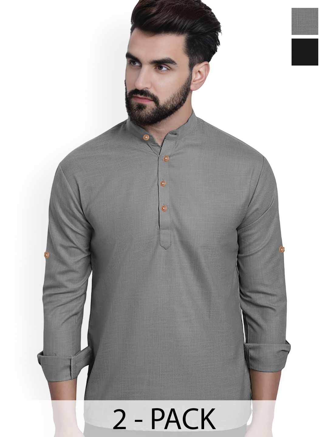 

Vida Loca Selection Of 2 Band Collar Cotton Slim Fit Straight Short Kurtas, Grey