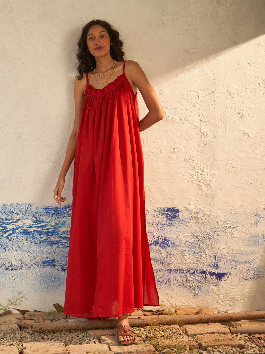 

Canoopi Women Solid Shoulder Straps Neck Sleeveless Maxi Dress, Red