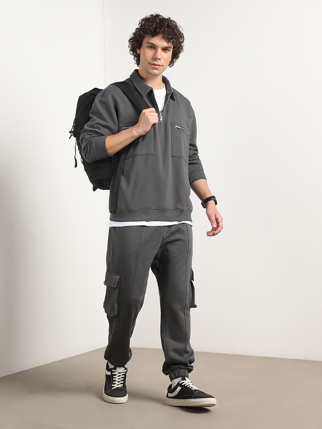 

NOBERO Men Shirt Collar Oversized Urban Pure Cotton Fleece Co-Ords Set, Grey