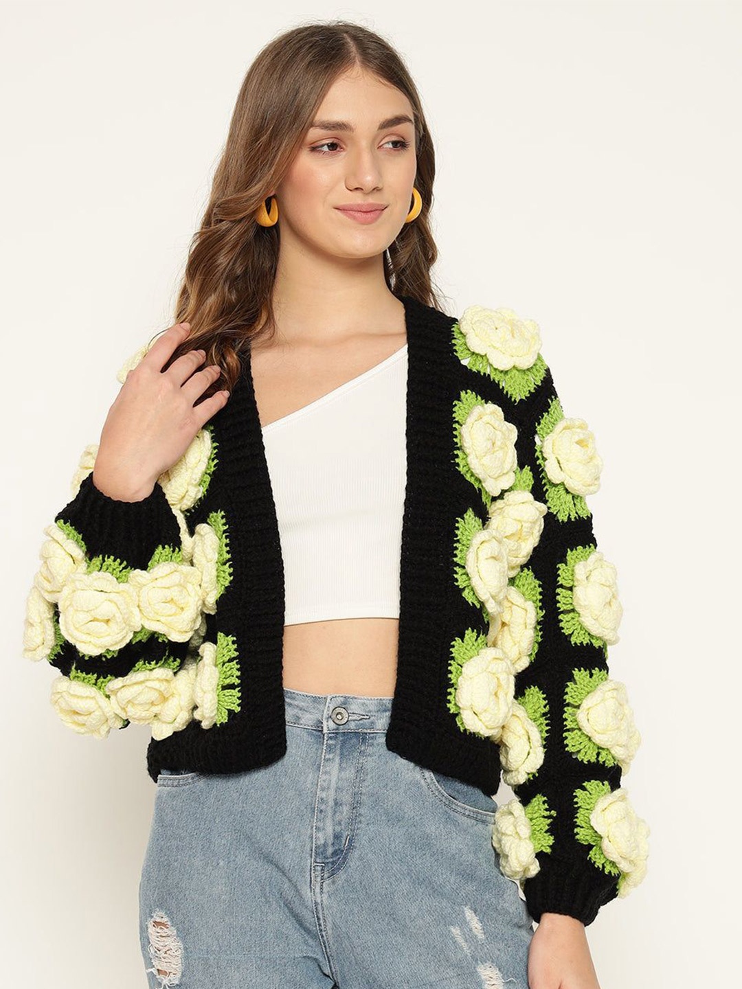 

Sugercandy Women Floral Woollen Crop Front-Open, Black