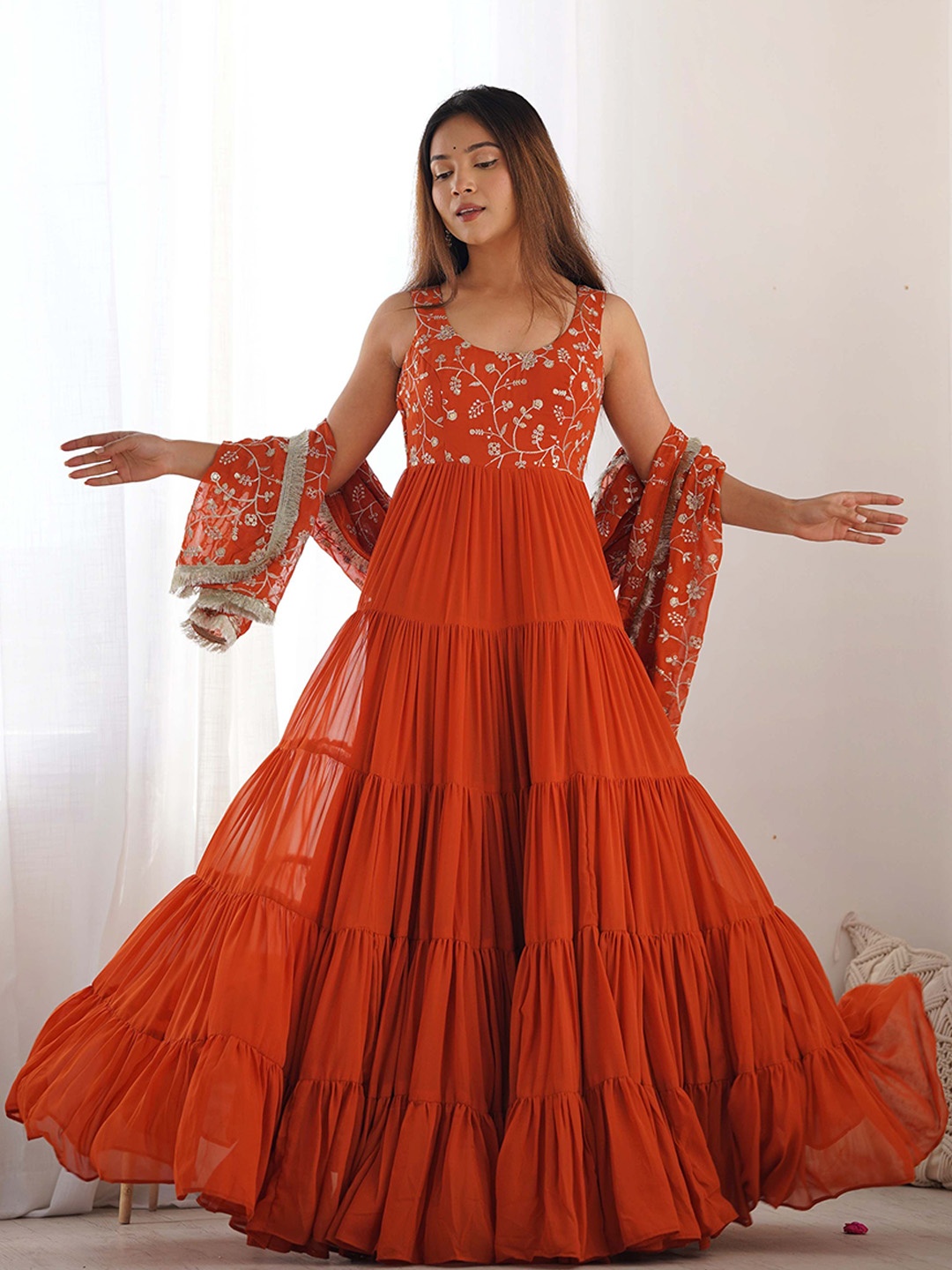 

Tanhai Floral Embroidered Fit & Flared Georgette Dress With Dupatta, Orange