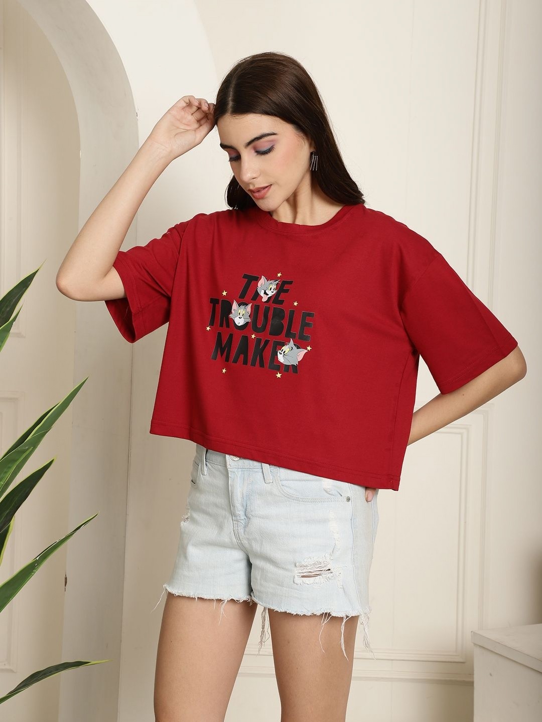 

Dreambe Women Mickey & Friends Graphic Printed Round Neck Cotton Boxy T-shirt, Maroon