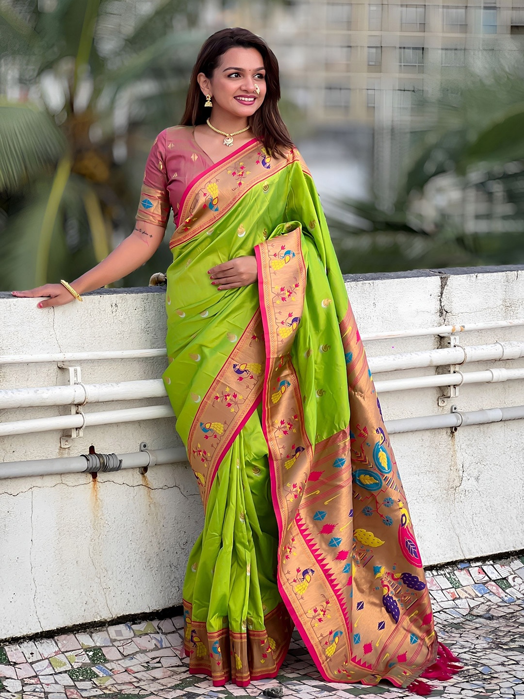 

Vintro Woven Design Zari Silk Blend Paithani Saree, Lime green