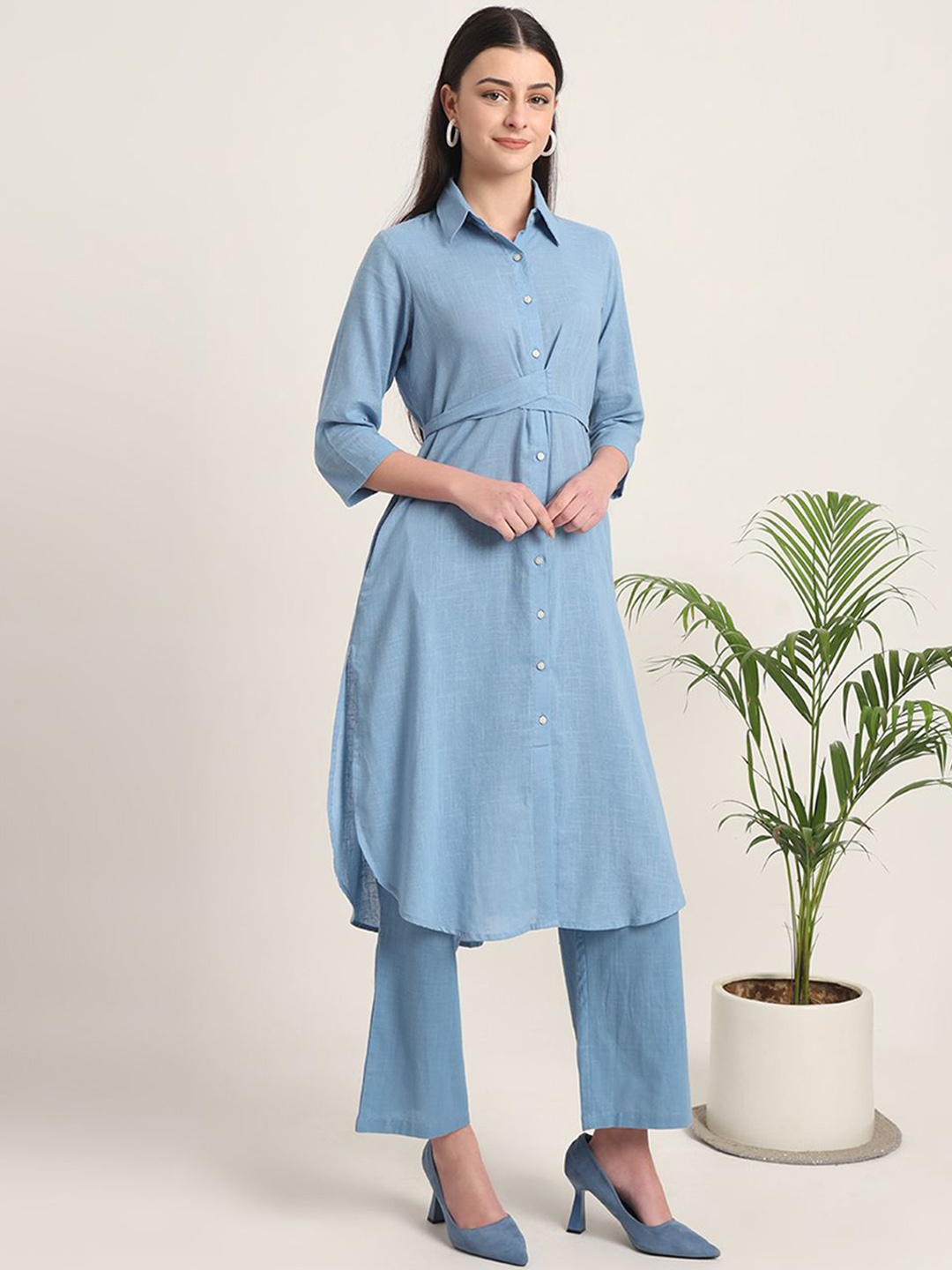 

Thevasa Women Shirt Collar Cotton Belted Pathani Kurta, Blue