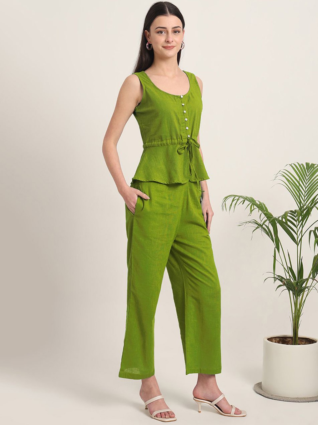 

Thevasa Round Neck Waist Tie-Ups Dawn Peplum Paradise Cotton Top, Green