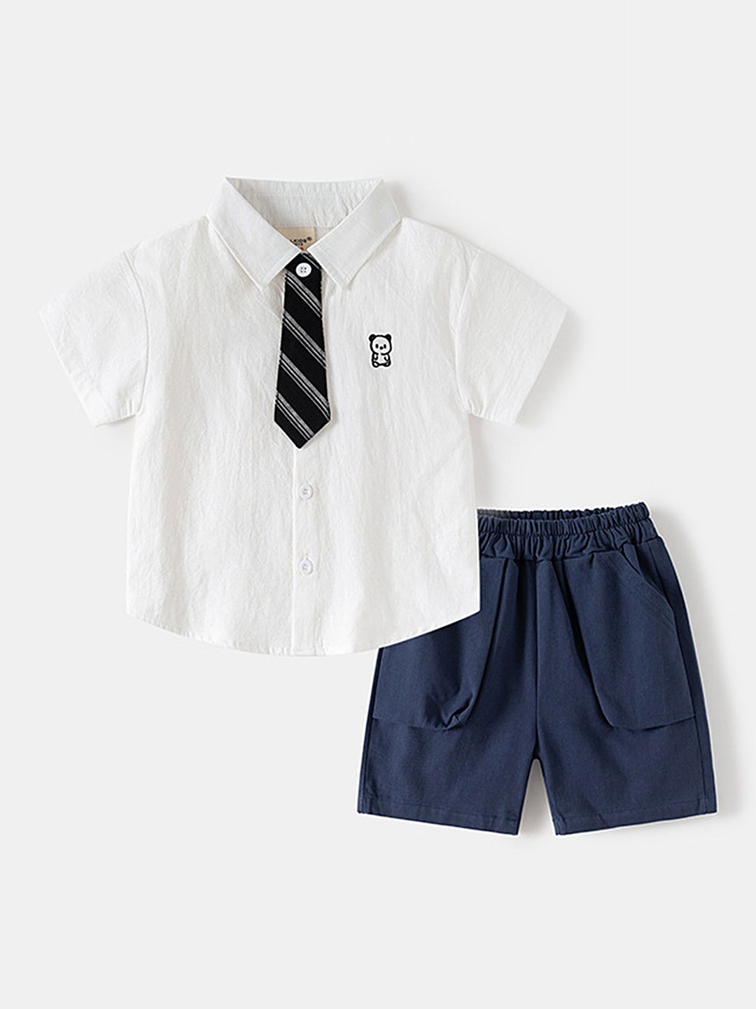 

LULU & SKY Boys Short Sleeves Shirt Collar Pure Cotton Shirt With Shorts, White