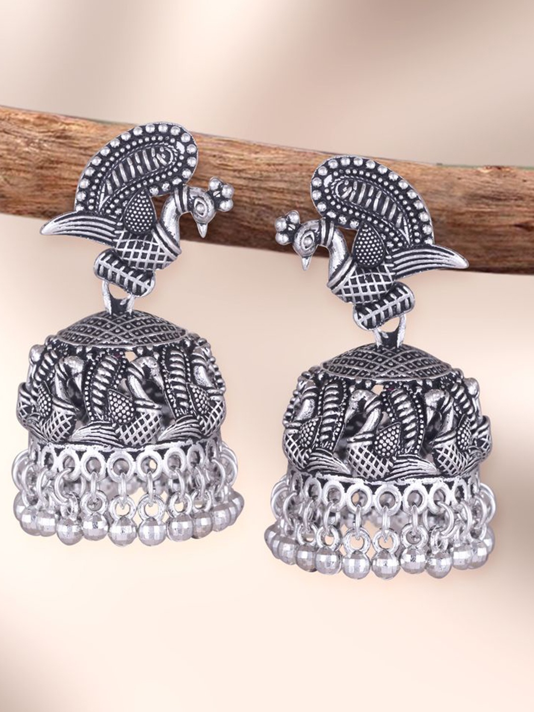 

DIVASTRI Silver-Plated Pearls Beaded Peacock Shaped Oxidised Jhumkas